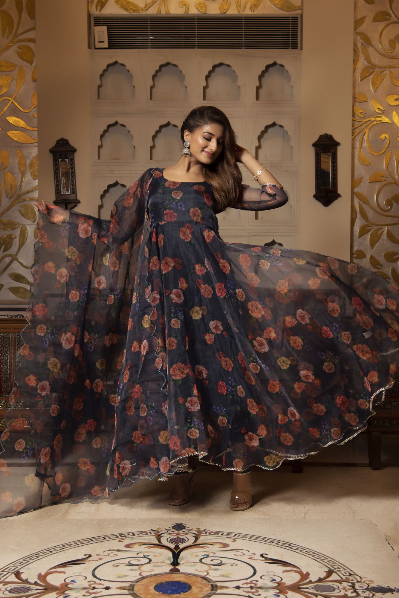 Black And Orange Floral Anarkali Suit Set