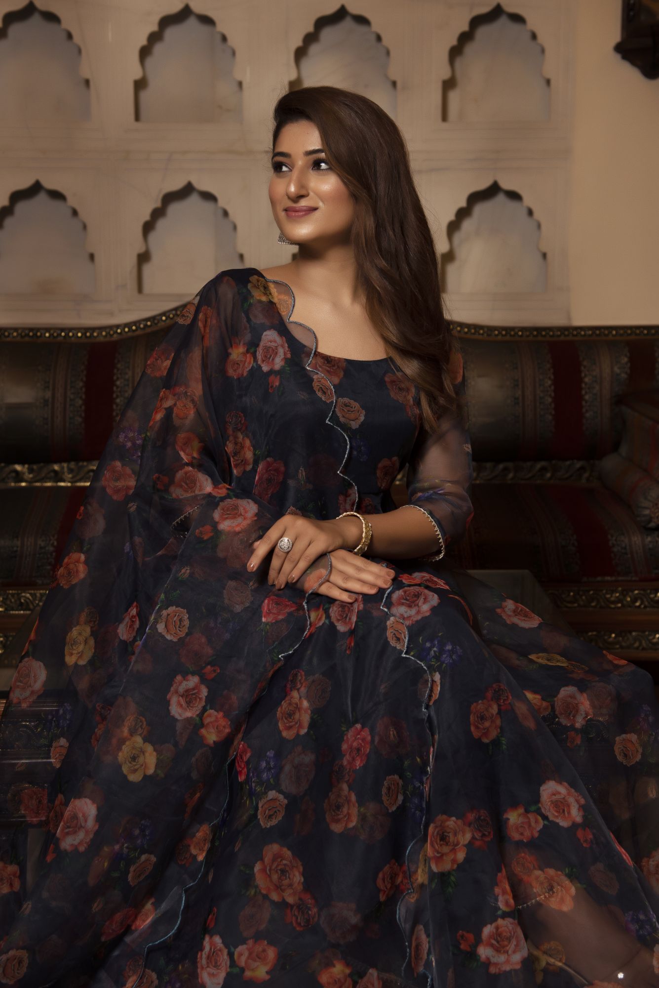 Black And Orange Floral Anarkali Suit Set