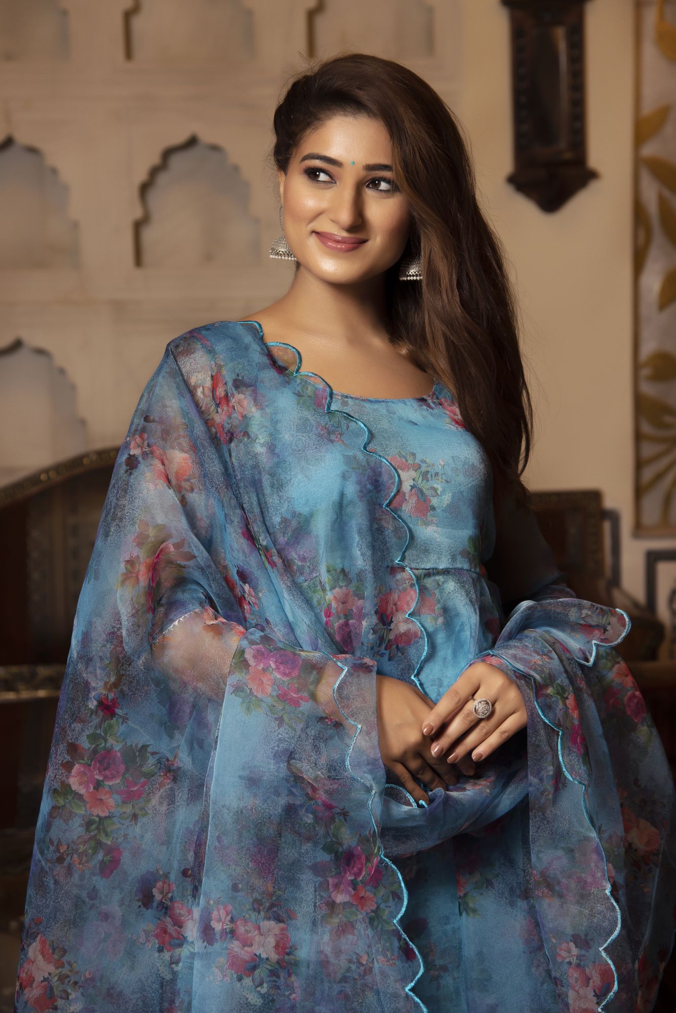 Blue Bloom Floral Anarkali Suit Set with Scalped Dupatta