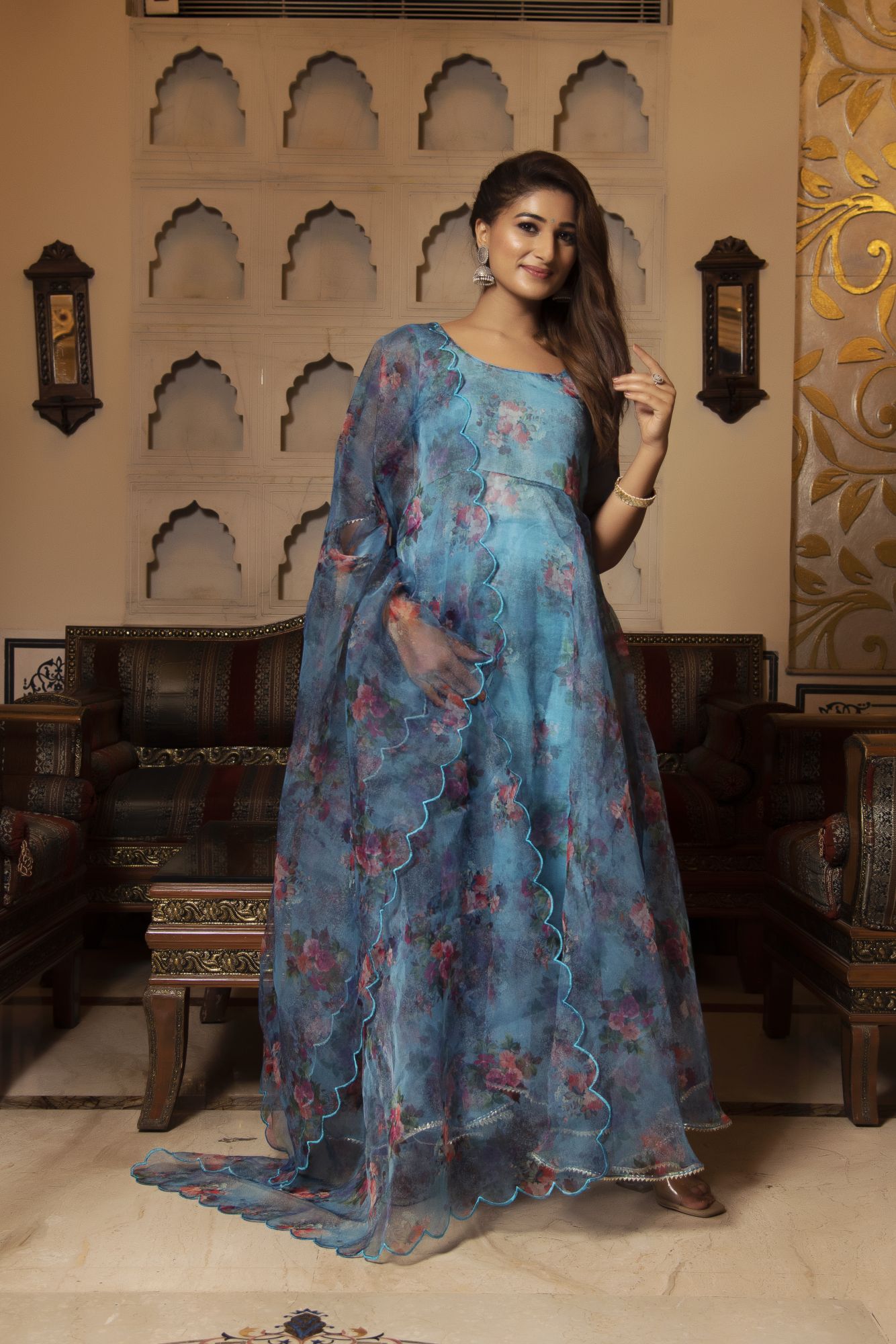 Blue Bloom Floral Anarkali Suit Set with Scalped Dupatta
