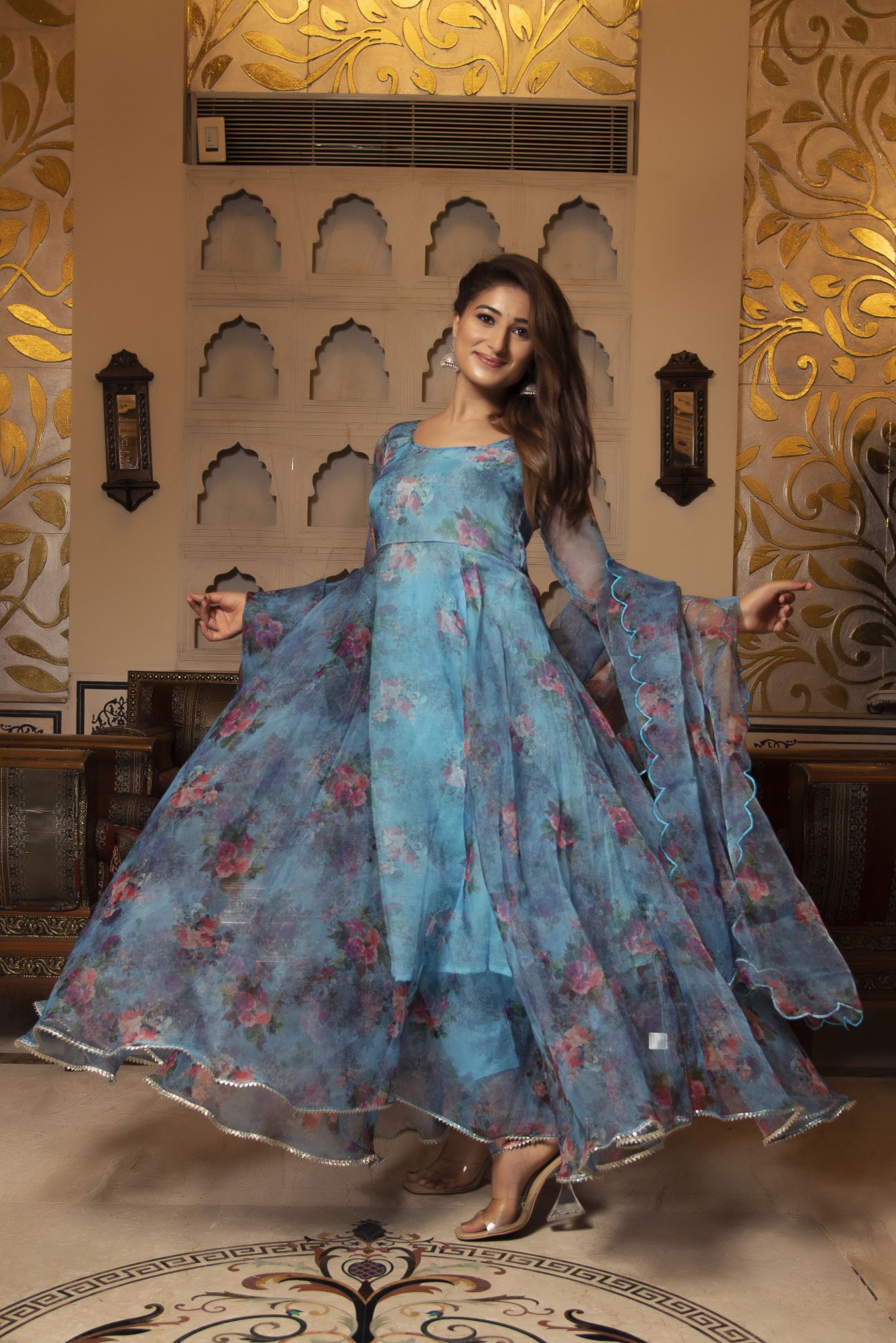 Blue Bloom Floral Anarkali Suit Set with Scalped Dupatta