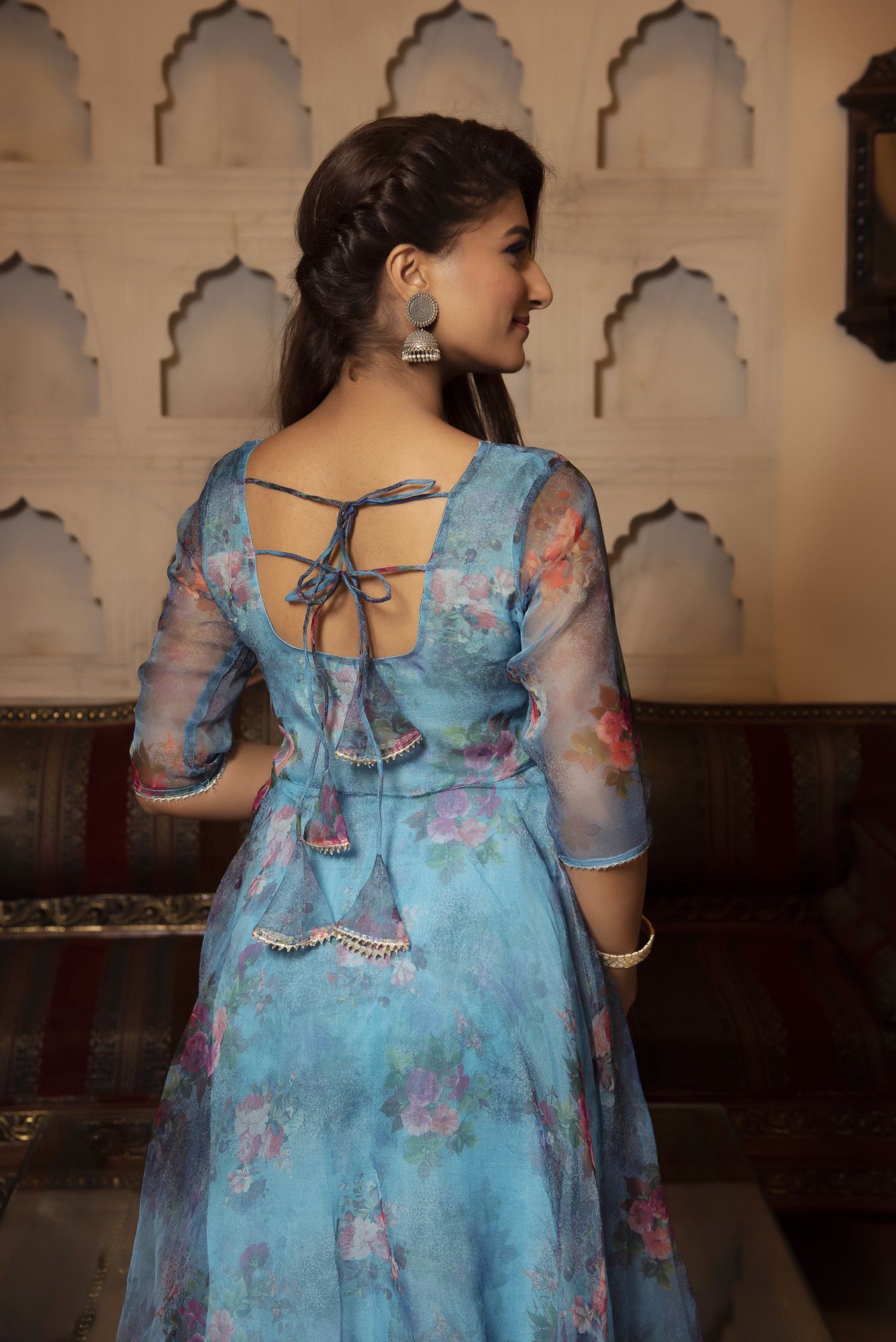 Blue Bloom Floral Anarkali Suit Set with Scalped Dupatta