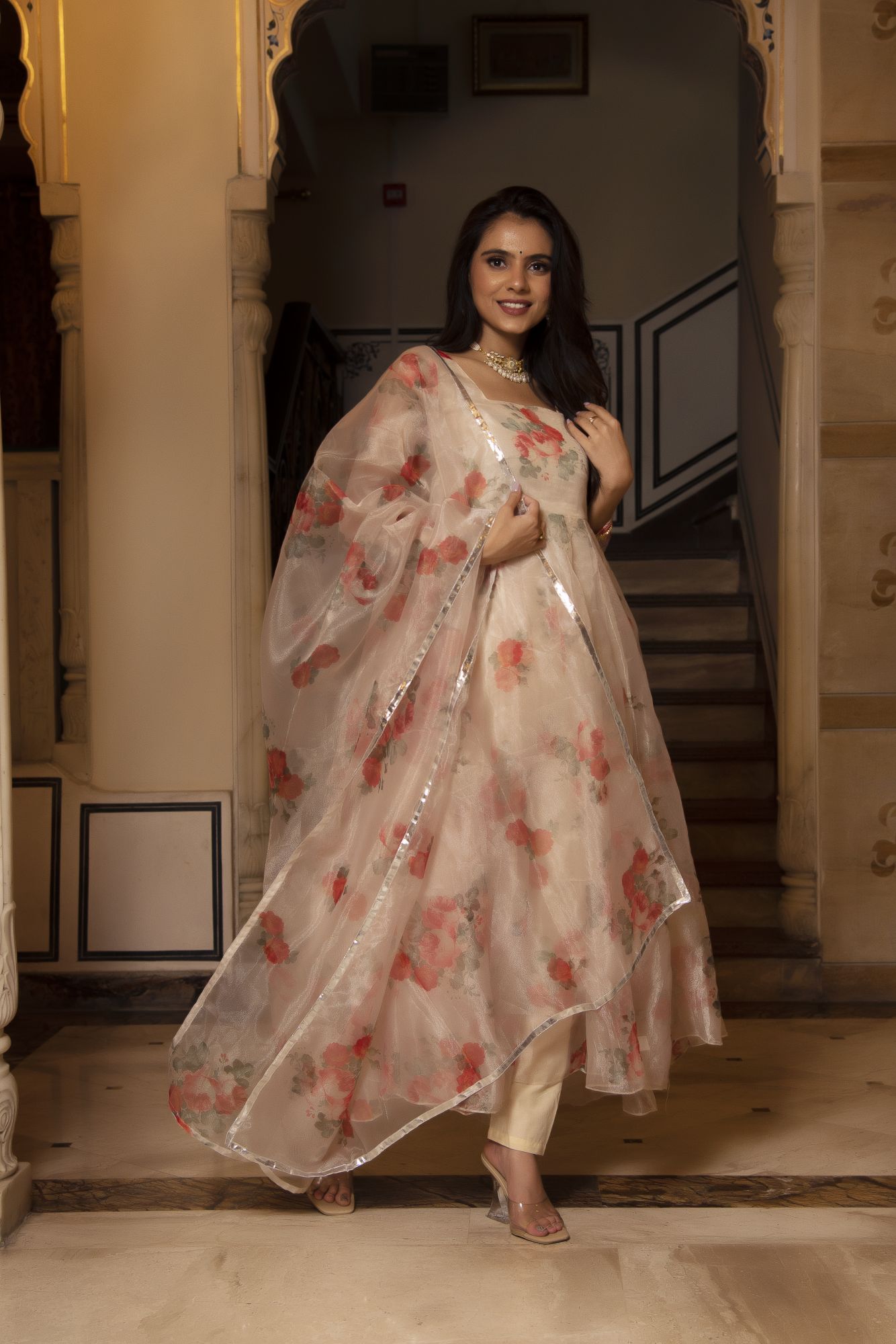 Beige Floral Anarkali Suit Set