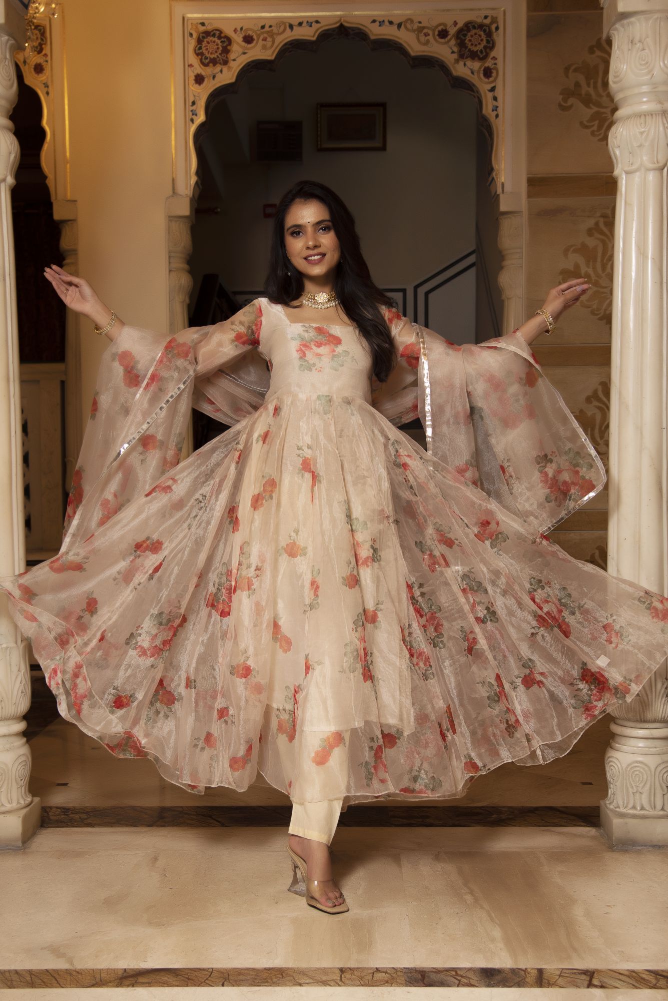 Beige Floral Anarkali Suit Set