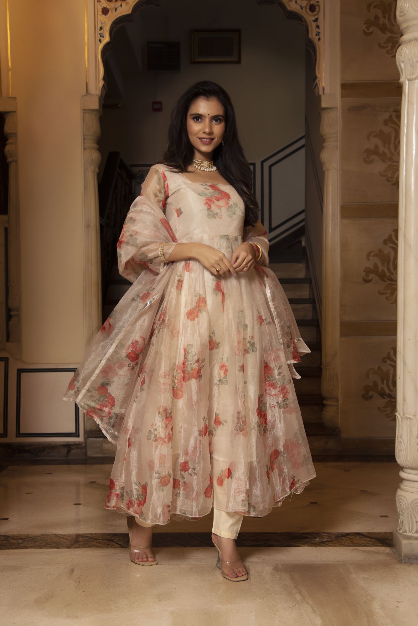 Beige Floral Anarkali Suit Set