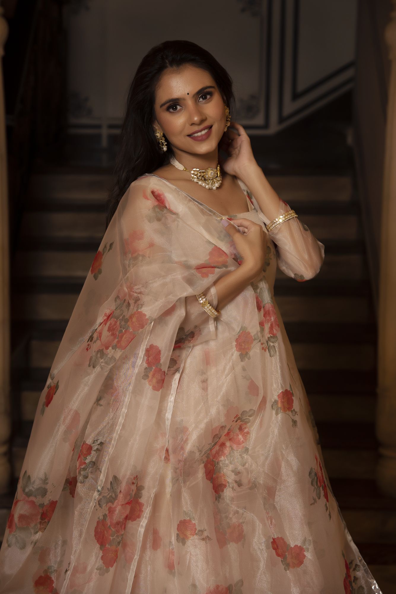 Beige Floral Anarkali Suit Set