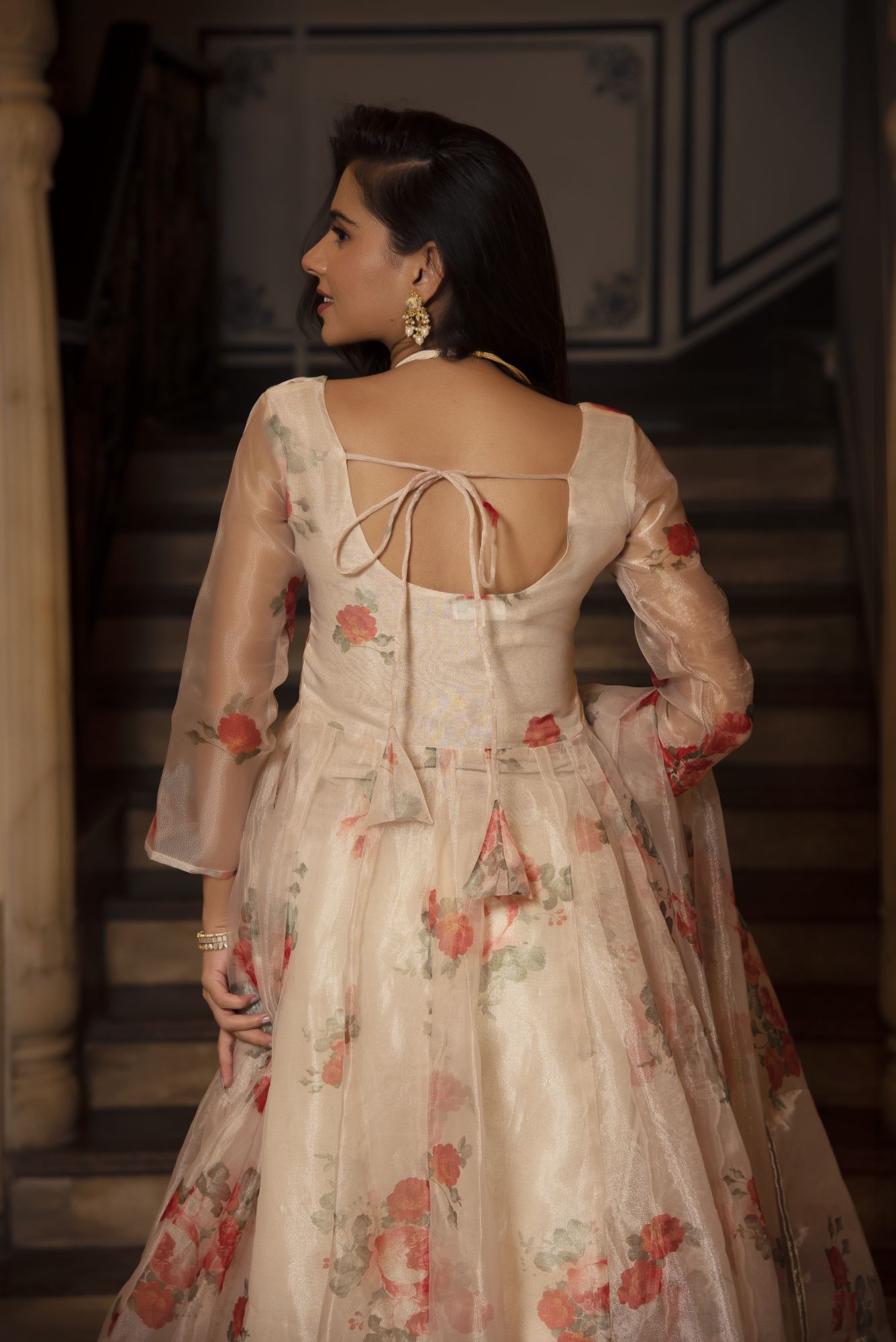 Beige Floral Anarkali Suit Set