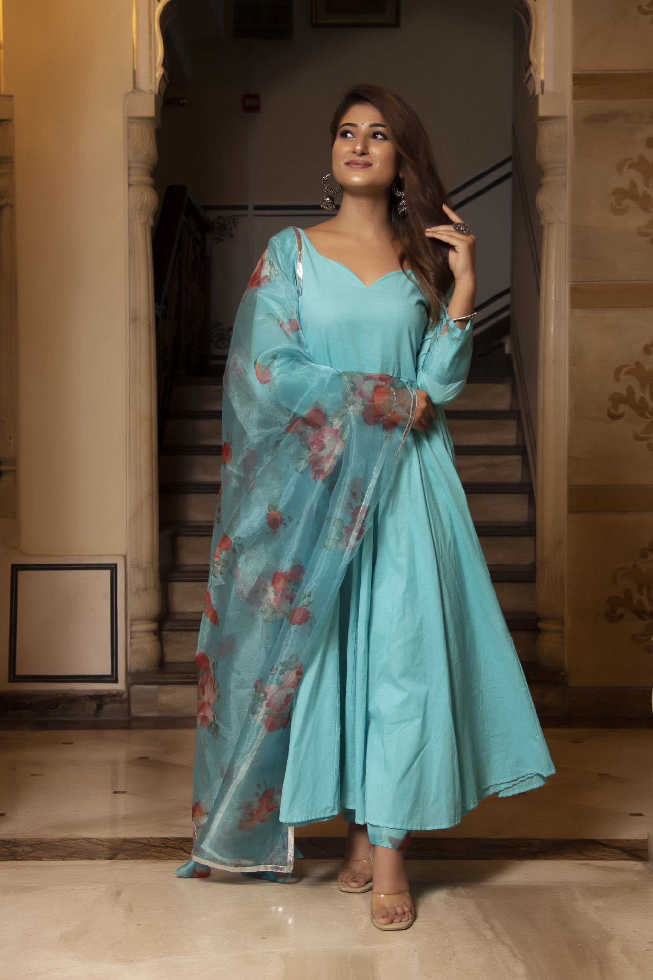 Flamingo Blue Floral Anarkali Suit Set