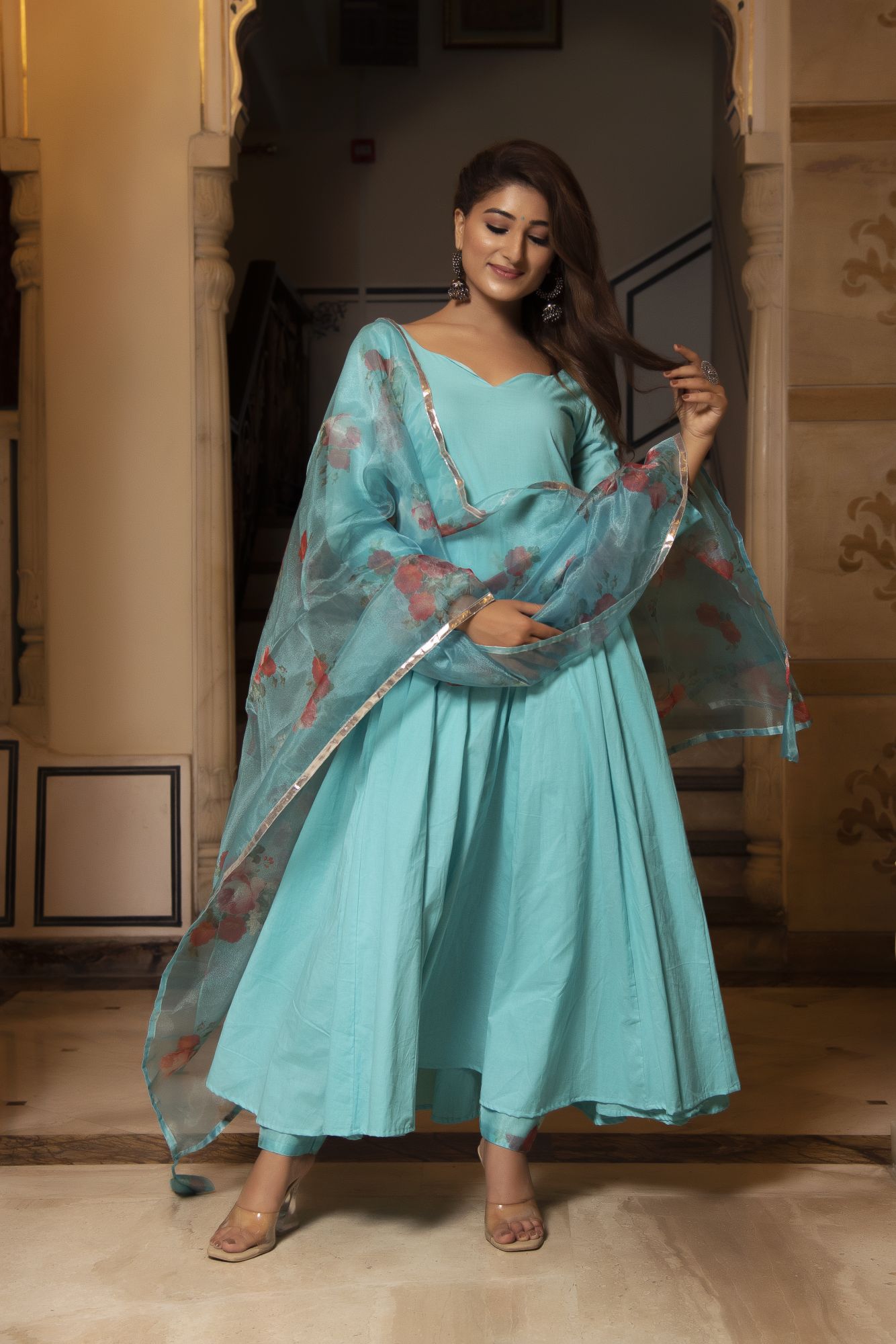 Flamingo Blue Floral Anarkali Suit Set