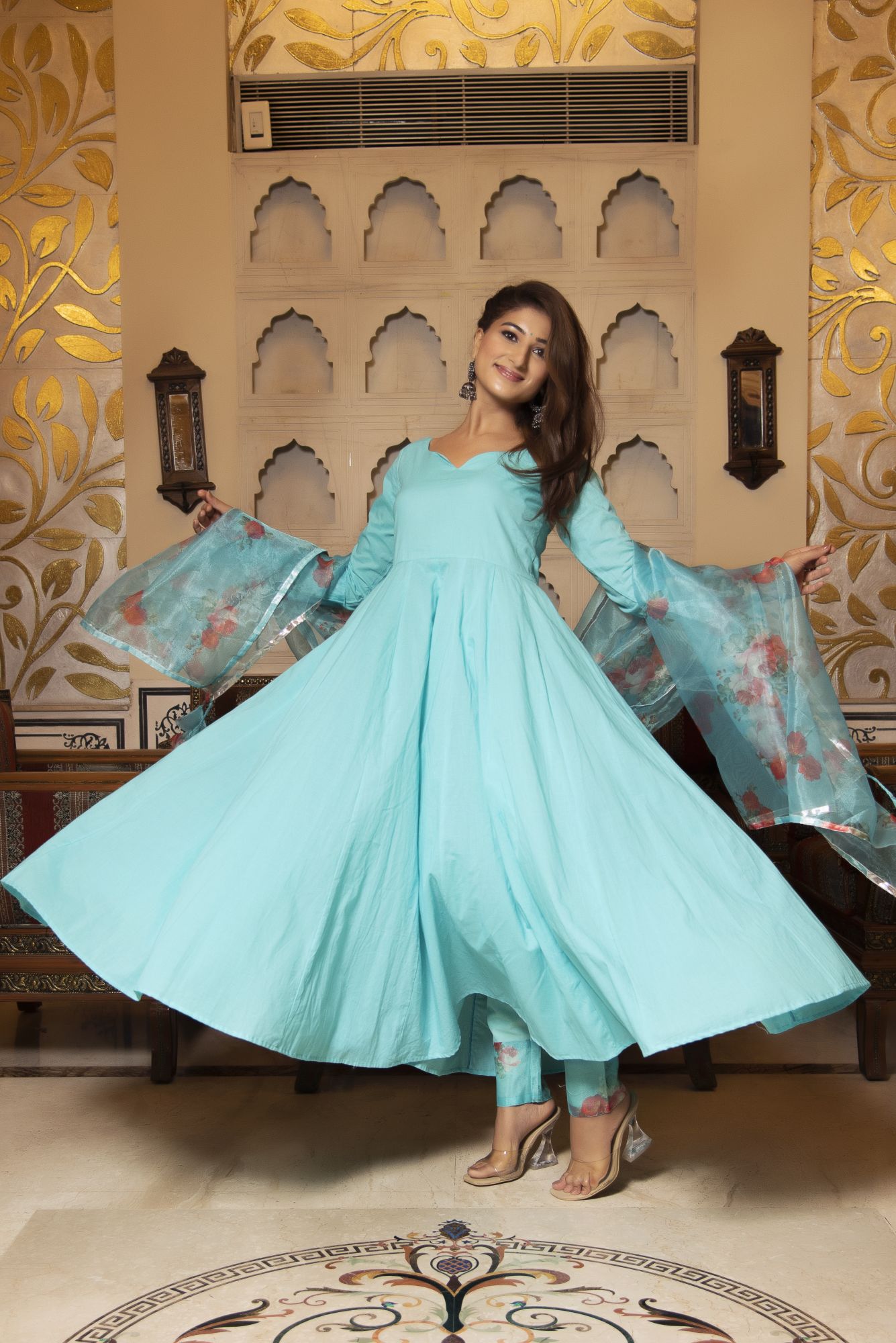 Flamingo Blue Floral Anarkali Suit Set