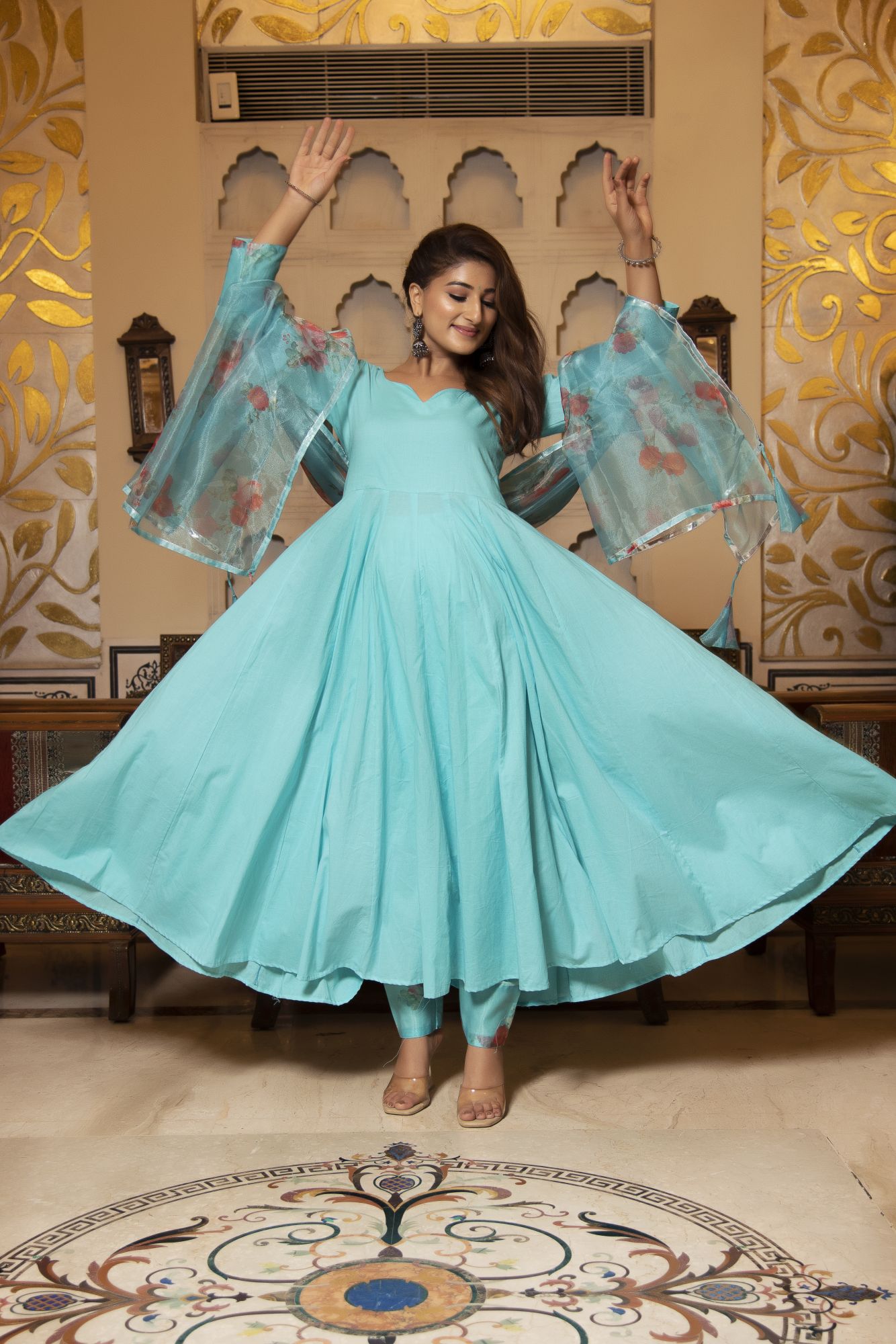 Flamingo Blue Floral Anarkali Suit Set