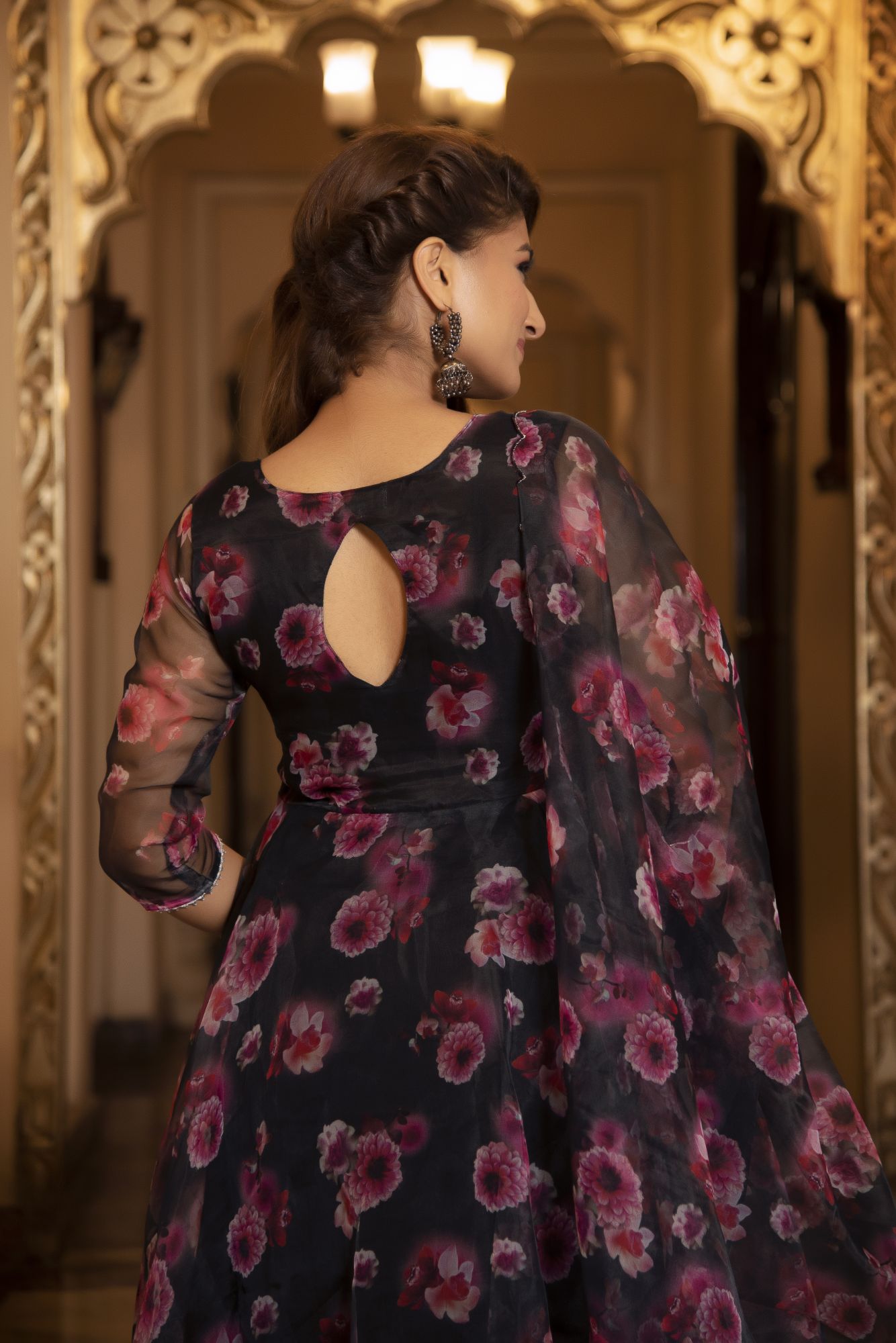 Black and Pink Floral Organza Anarkali Suit Set