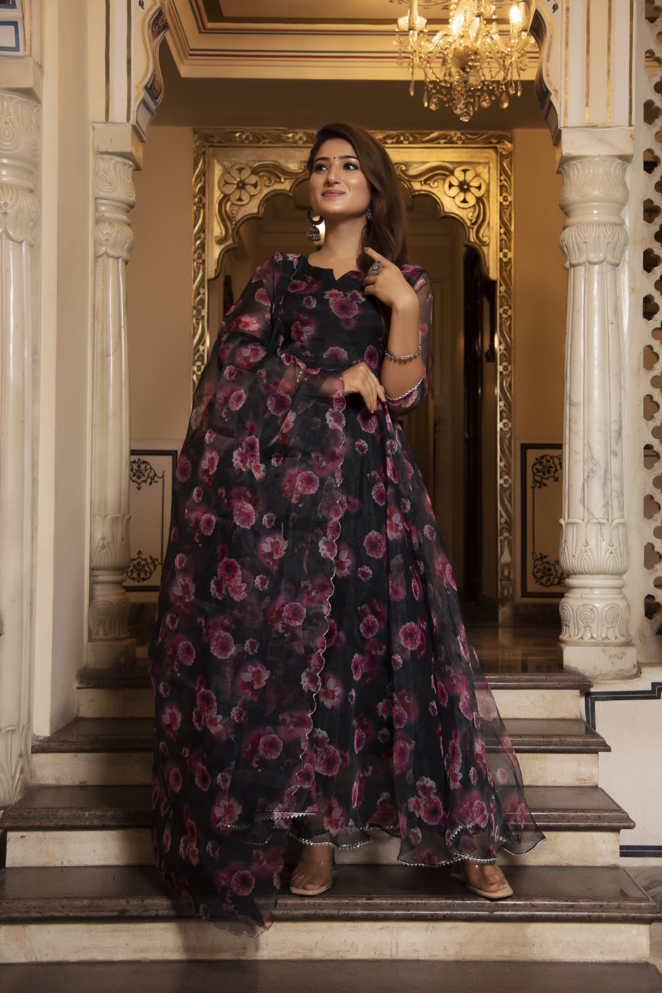 Black and Pink Floral Organza Anarkali Suit Set