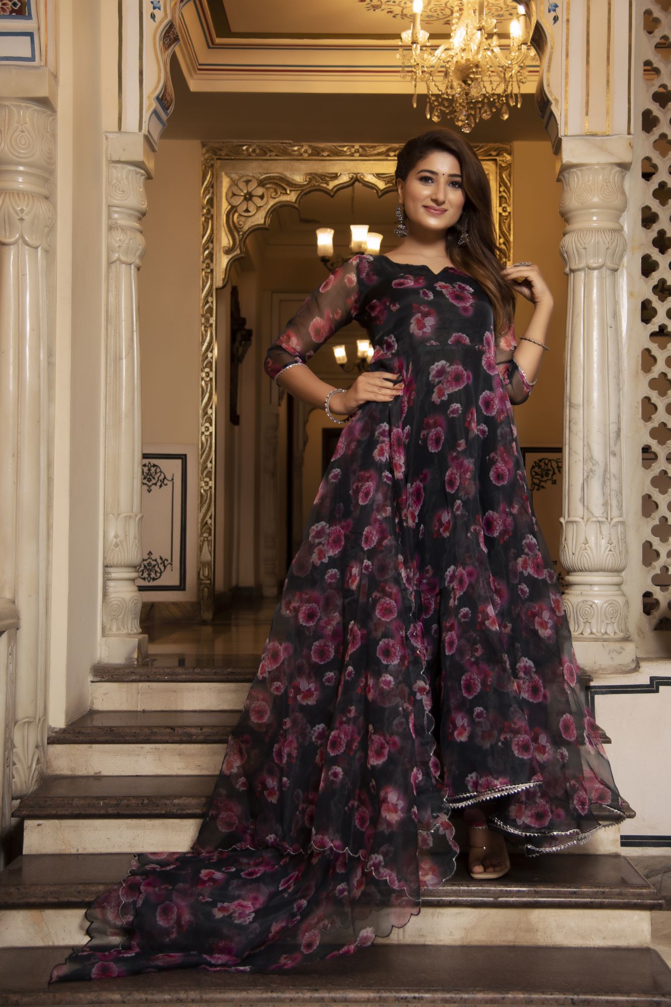 Black and Pink Floral Organza Anarkali Suit Set