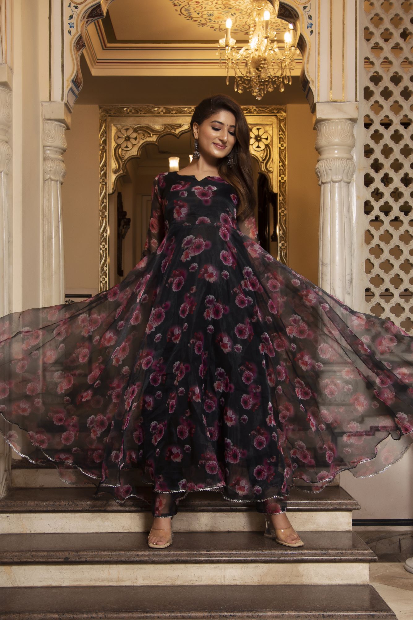 Black and Pink Floral Organza Anarkali Suit Set