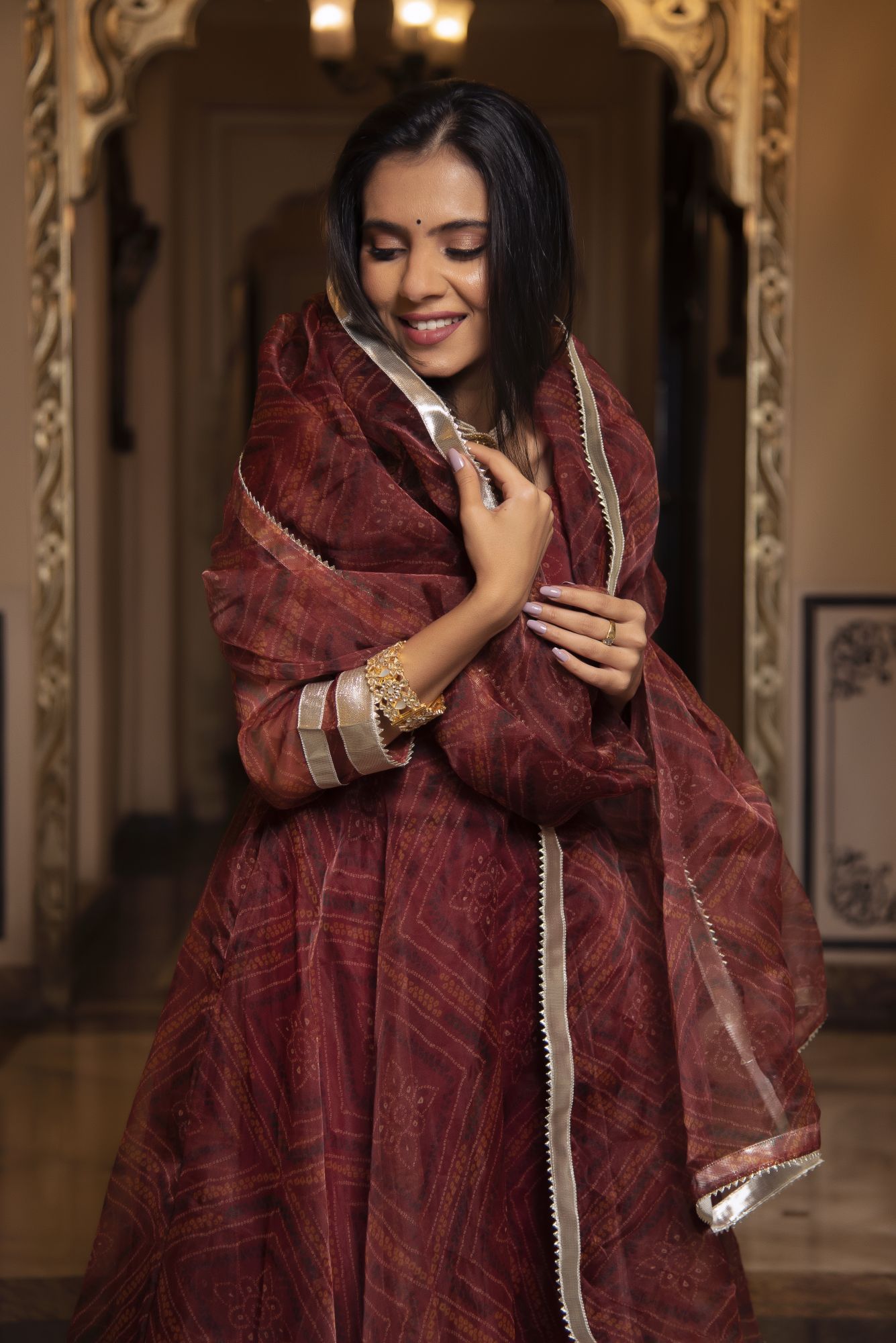 Dark Brown Bhandhej Gotapatti Organza Anarkali Suit Set