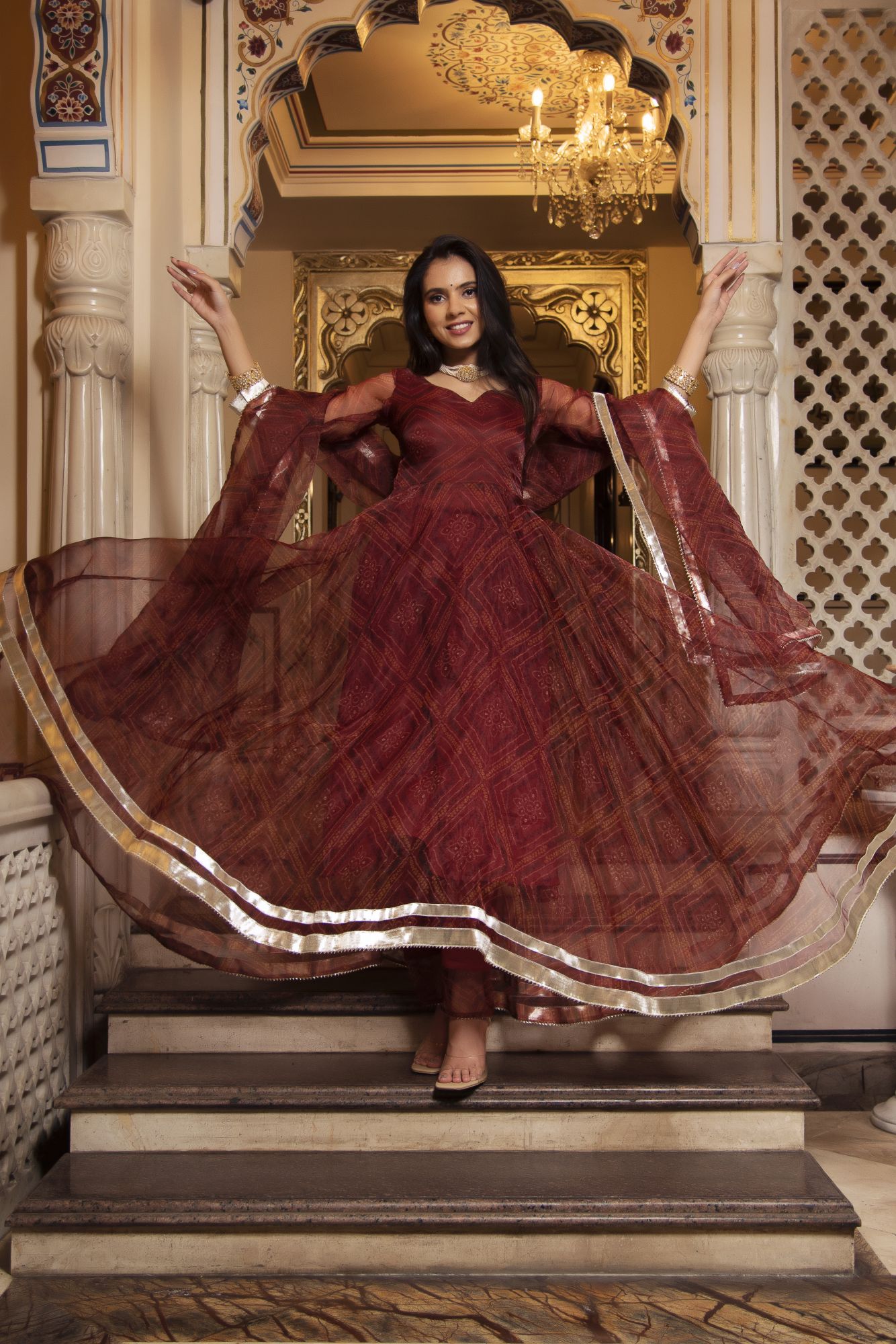 Dark Brown Bhandhej Gotapatti Organza Anarkali Suit Set