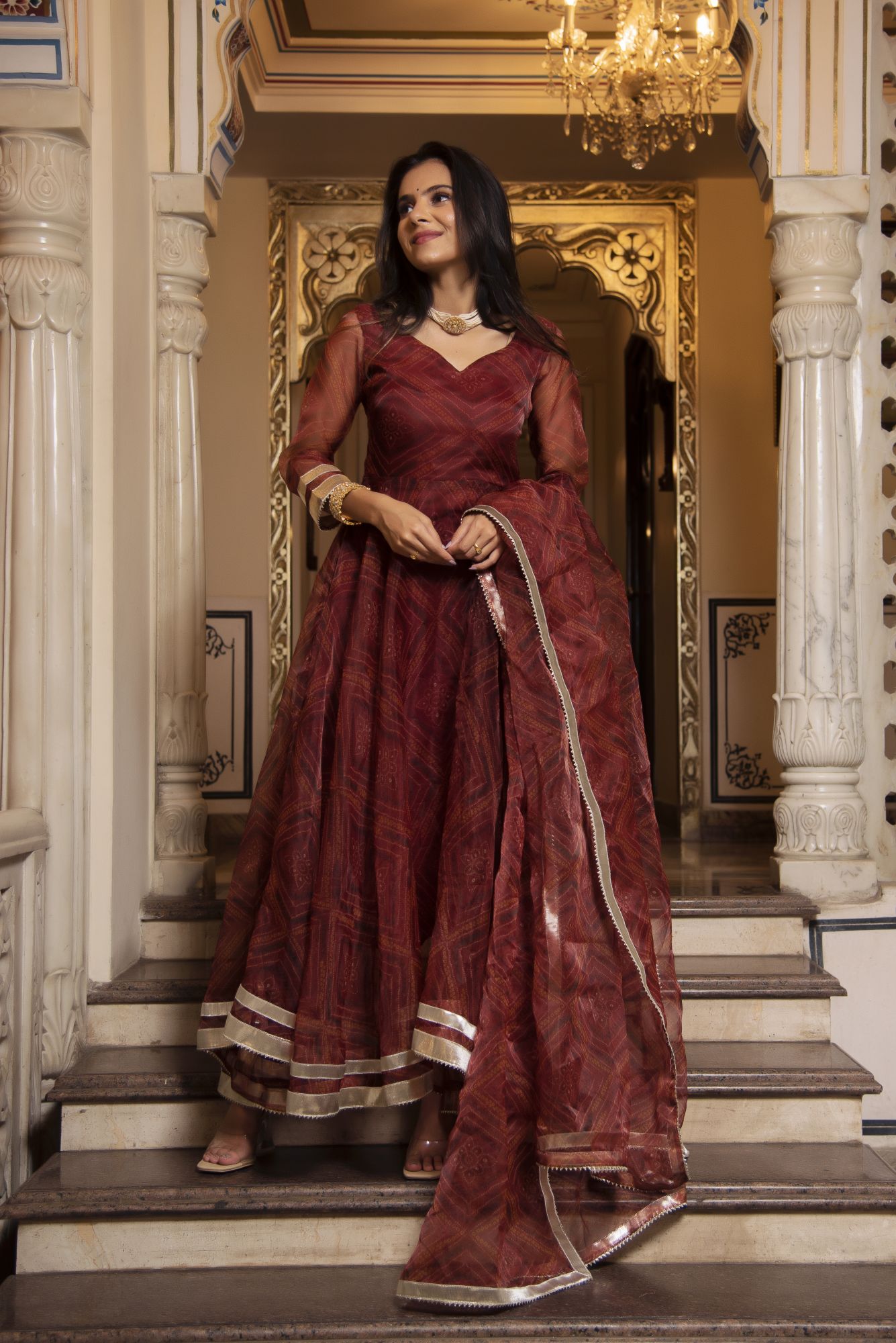 Dark Brown Bhandhej Gotapatti Organza Anarkali Suit Set