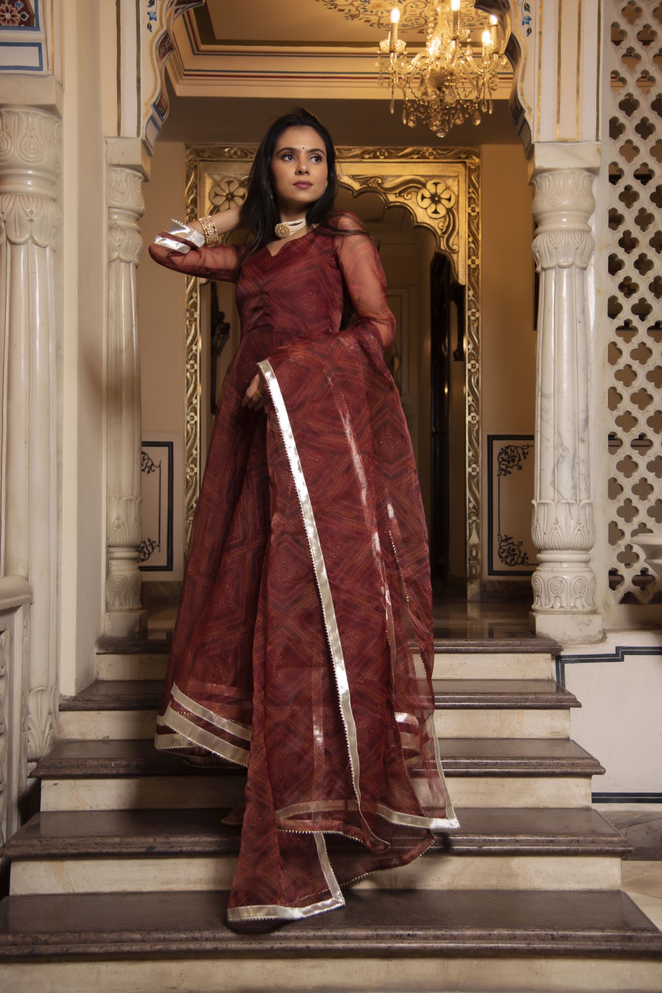 Dark Brown Bhandhej Gotapatti Organza Anarkali Suit Set