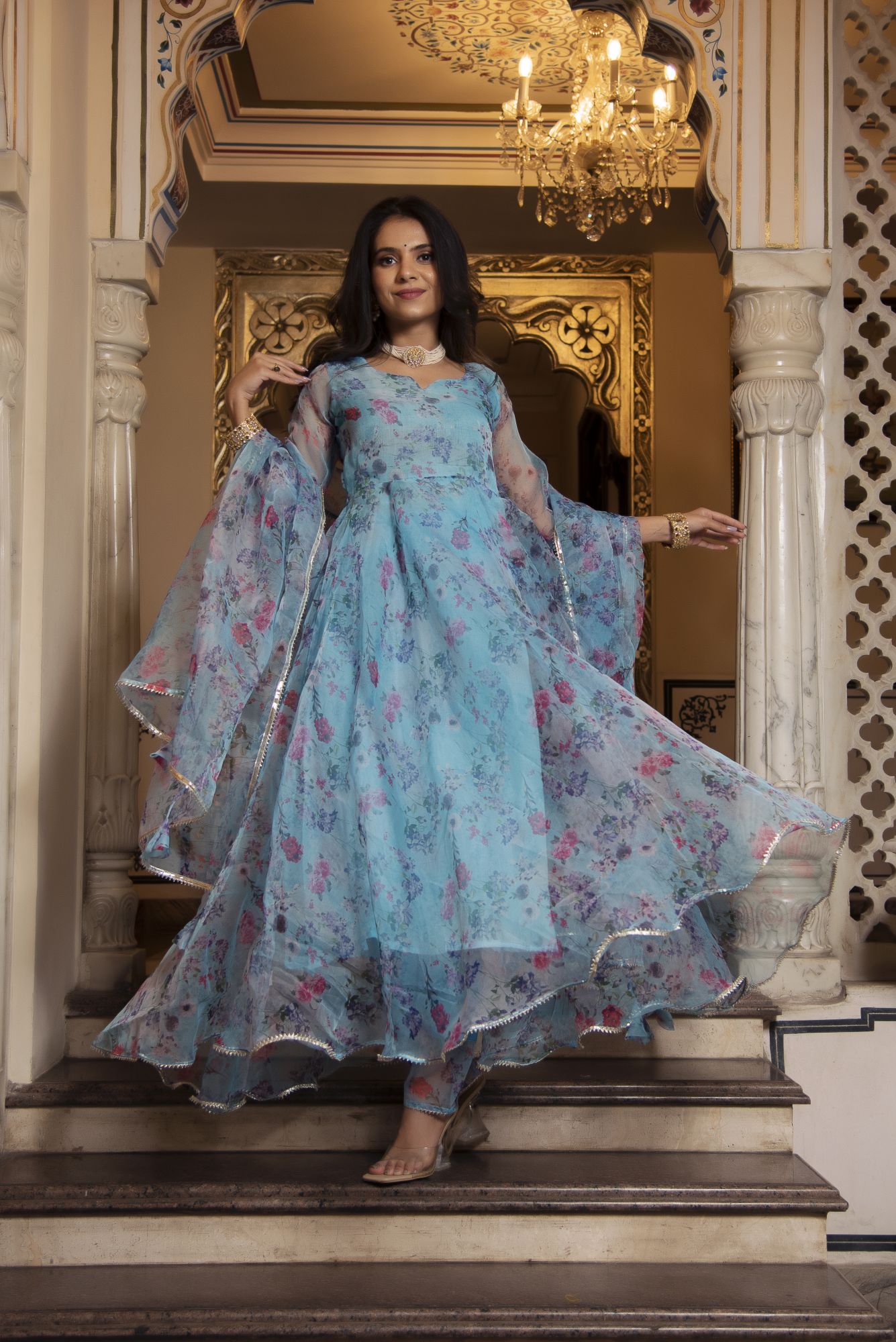 Sky Blue Floral Organza Anarkali Suit Set
