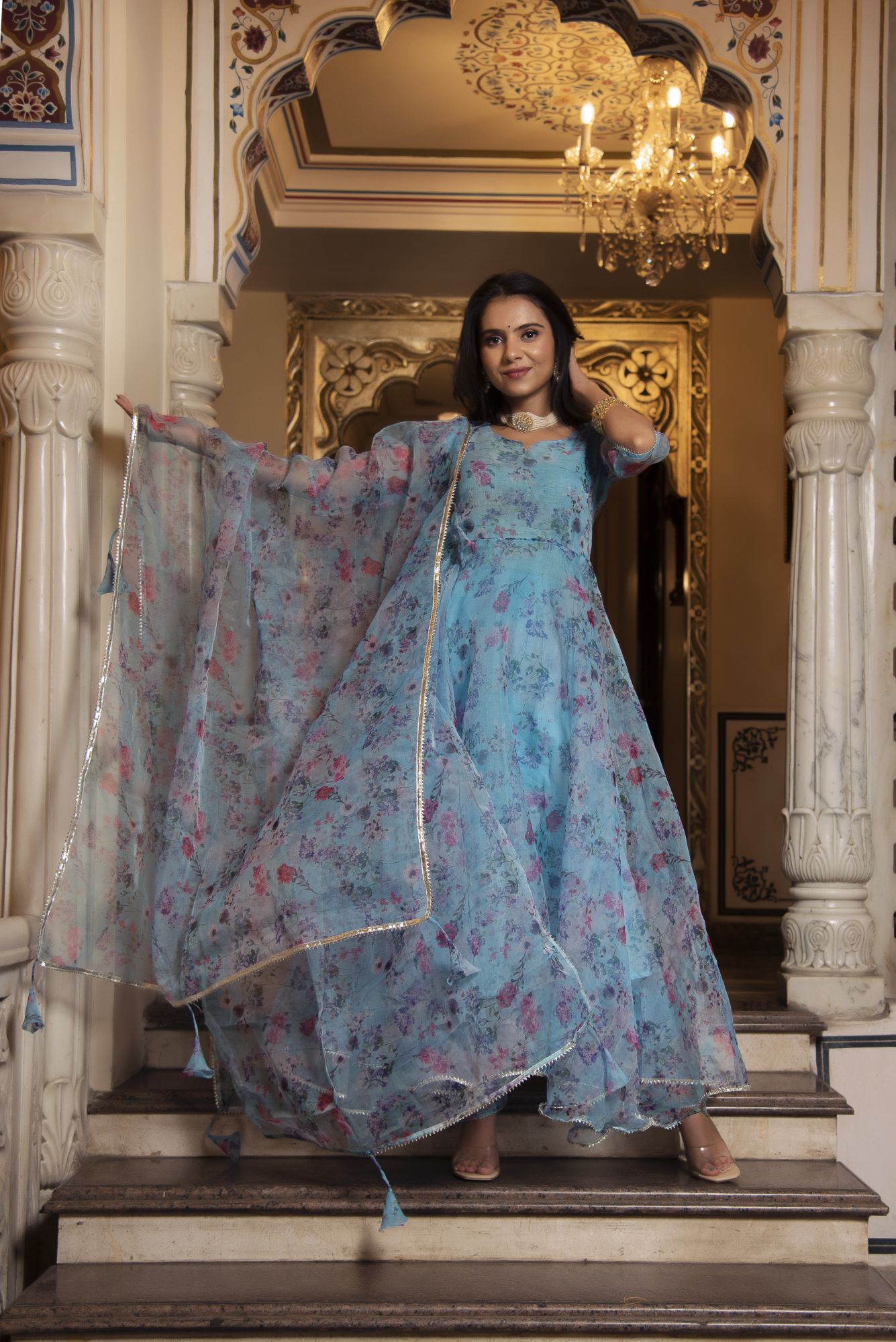 Sky Blue Floral Organza Anarkali Suit Set