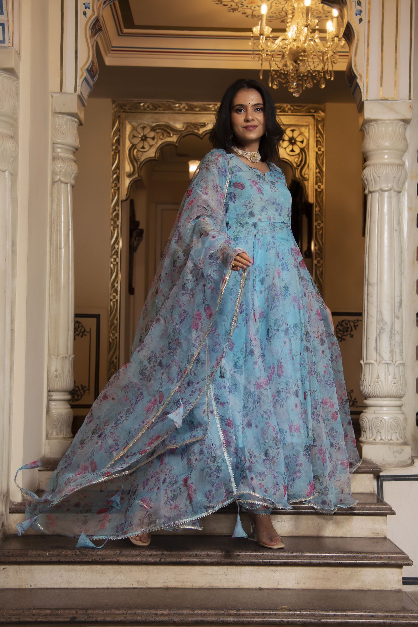 Sky Blue Floral Organza Anarkali Suit Set