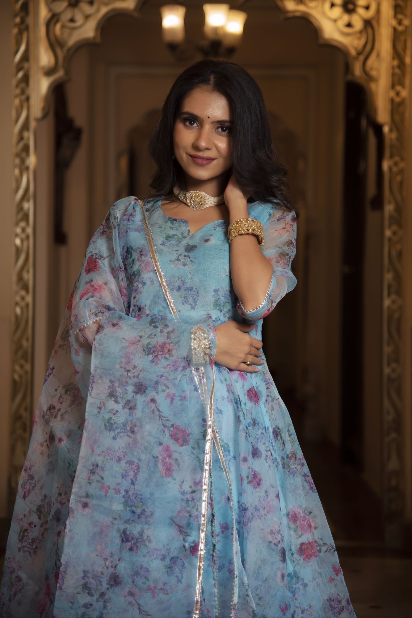 Sky Blue Floral Organza Anarkali Suit Set