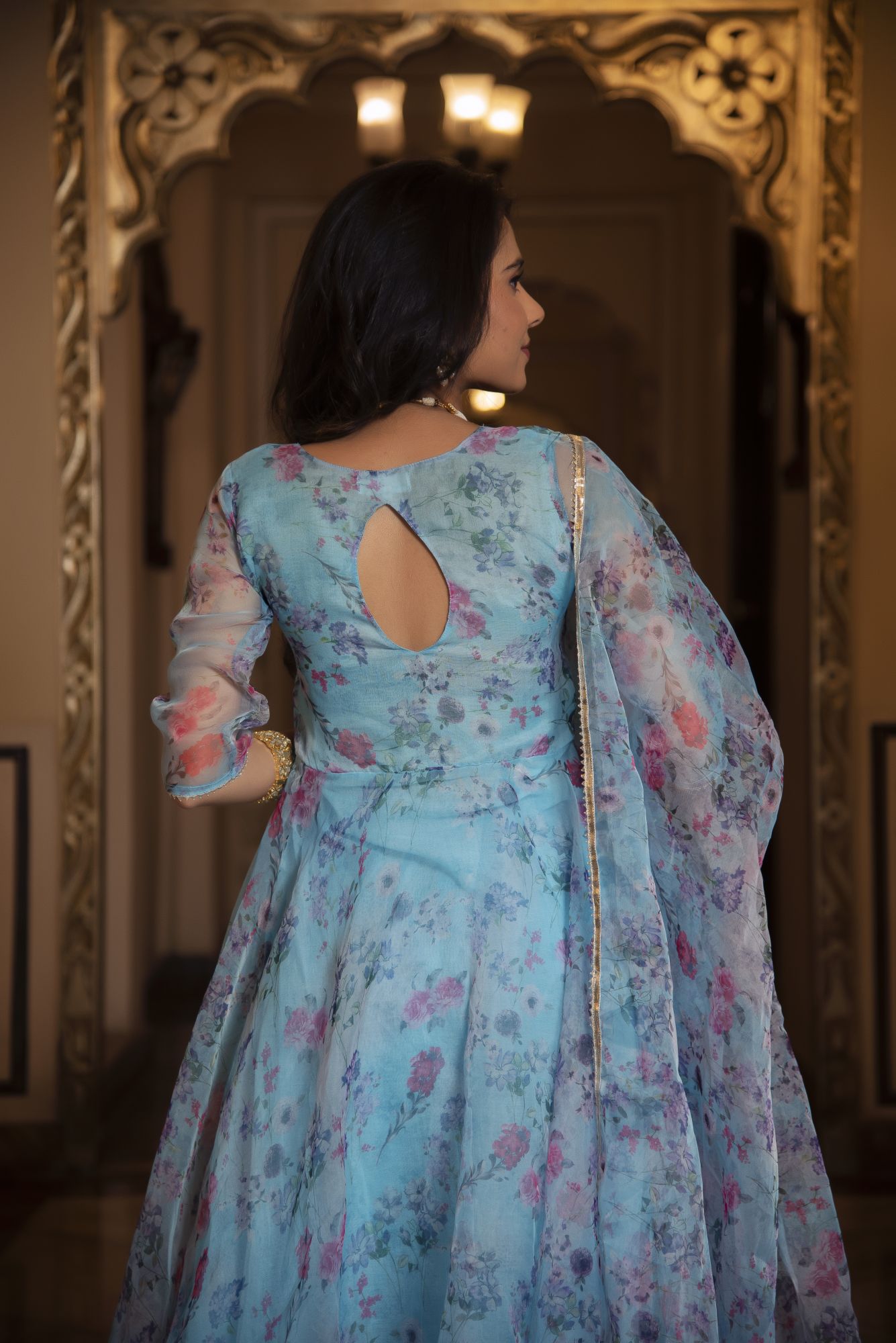 Sky Blue Floral Organza Anarkali Suit Set