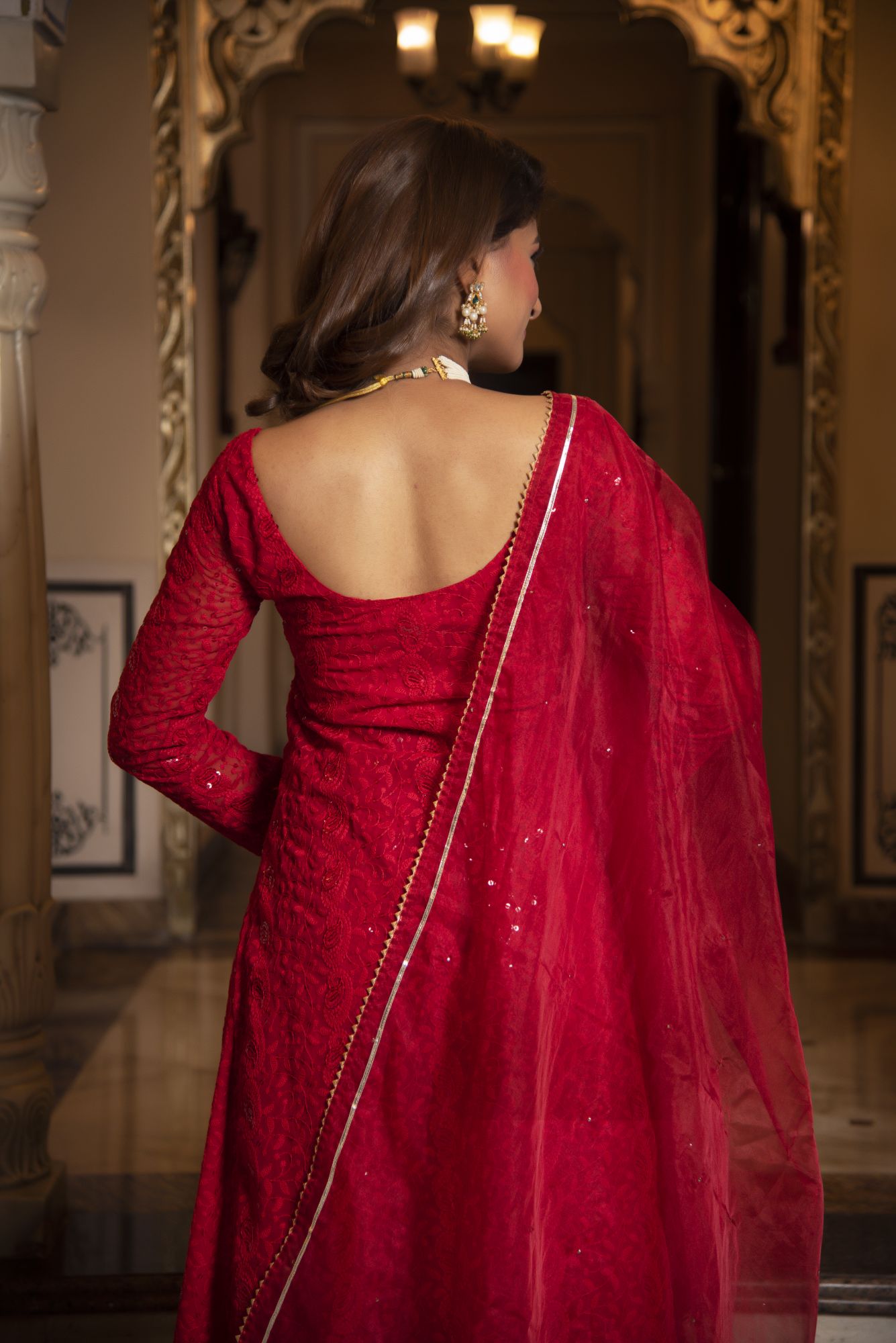 Princess Red Chikankari Palazzo Set With Organza Dupatta