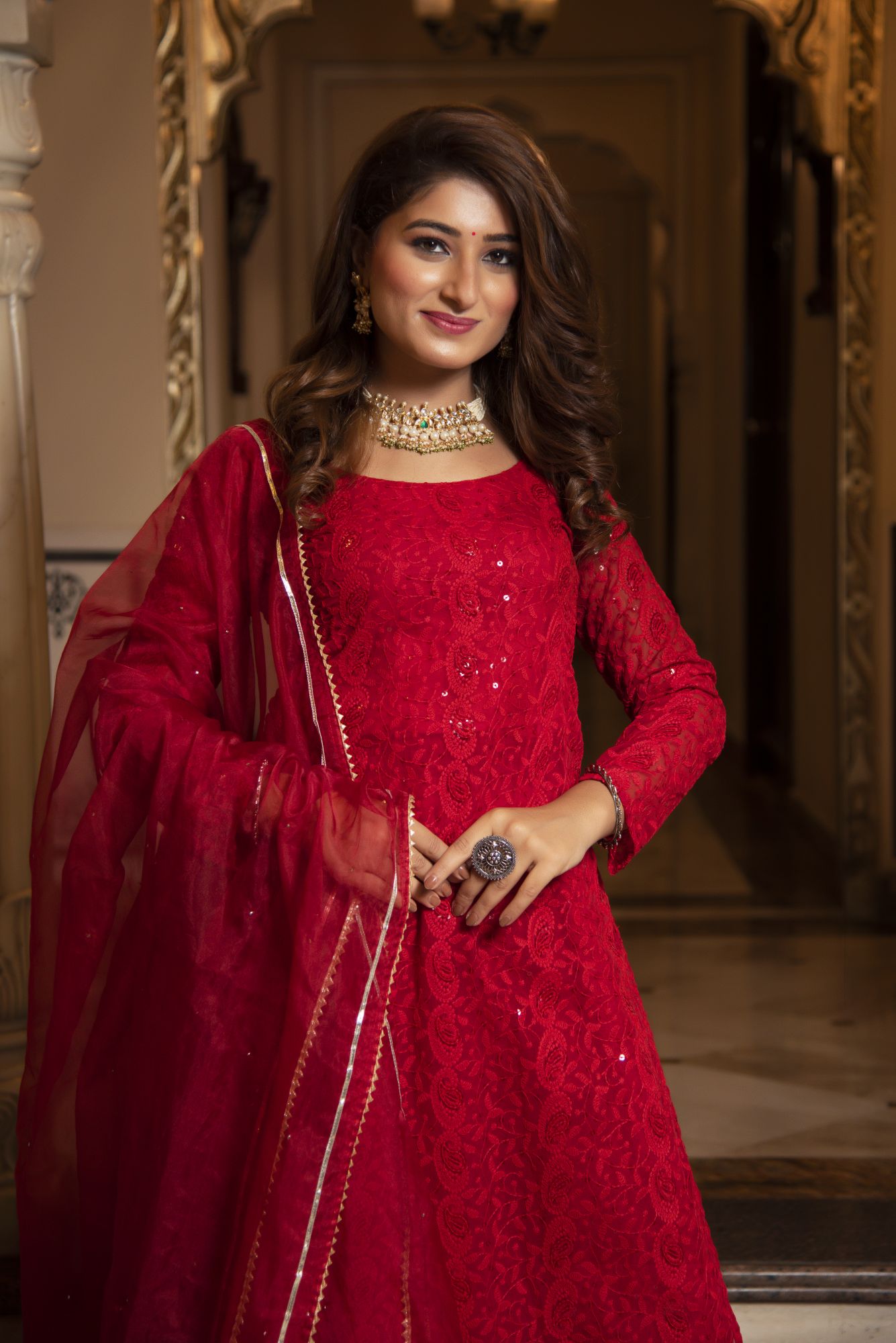 Princess Red Chikankari Palazzo Set With Organza Dupatta