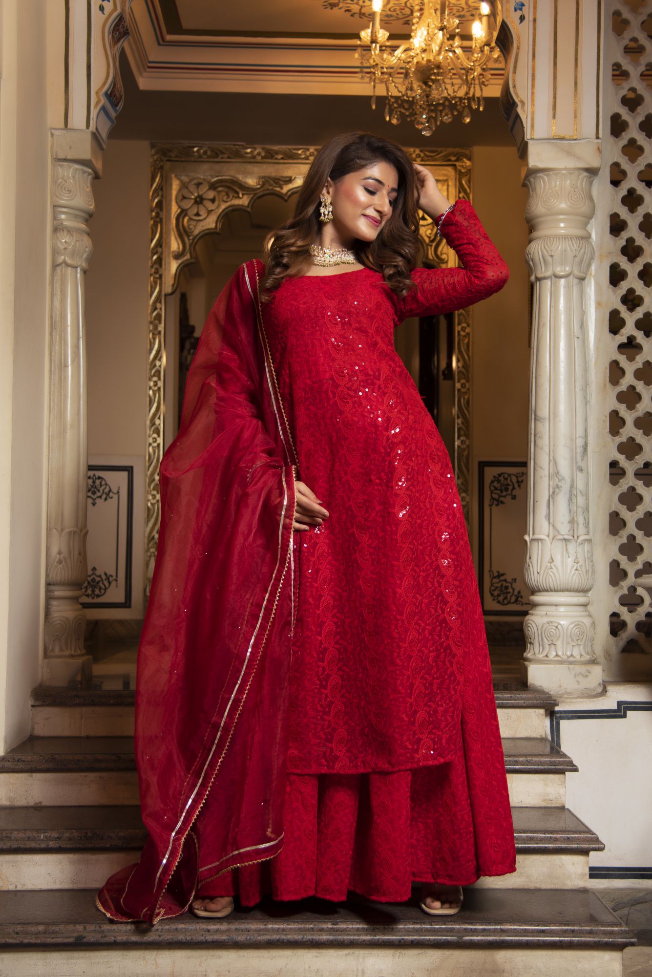 Princess Red Chikankari Palazzo Set With Organza Dupatta