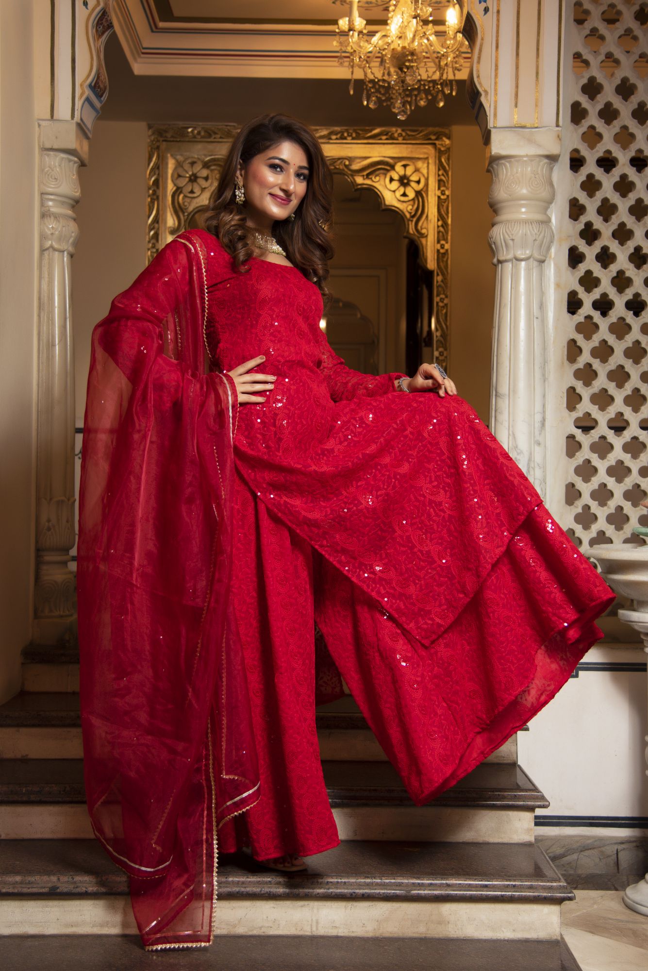 Princess Red Chikankari Palazzo Set With Organza Dupatta