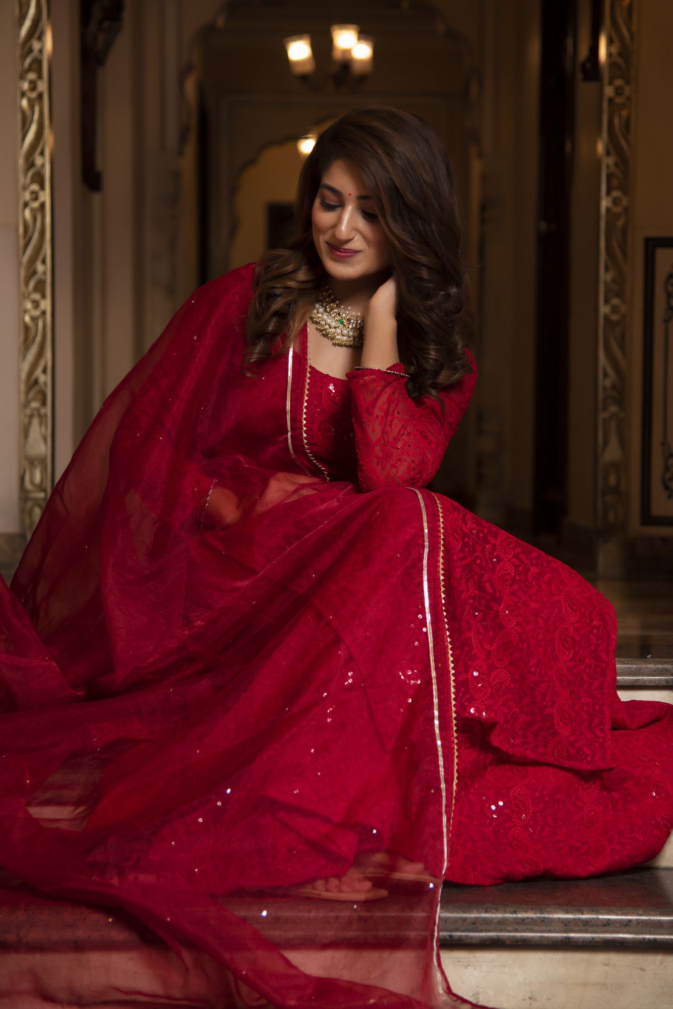 Princess Red Chikankari Palazzo Set With Organza Dupatta