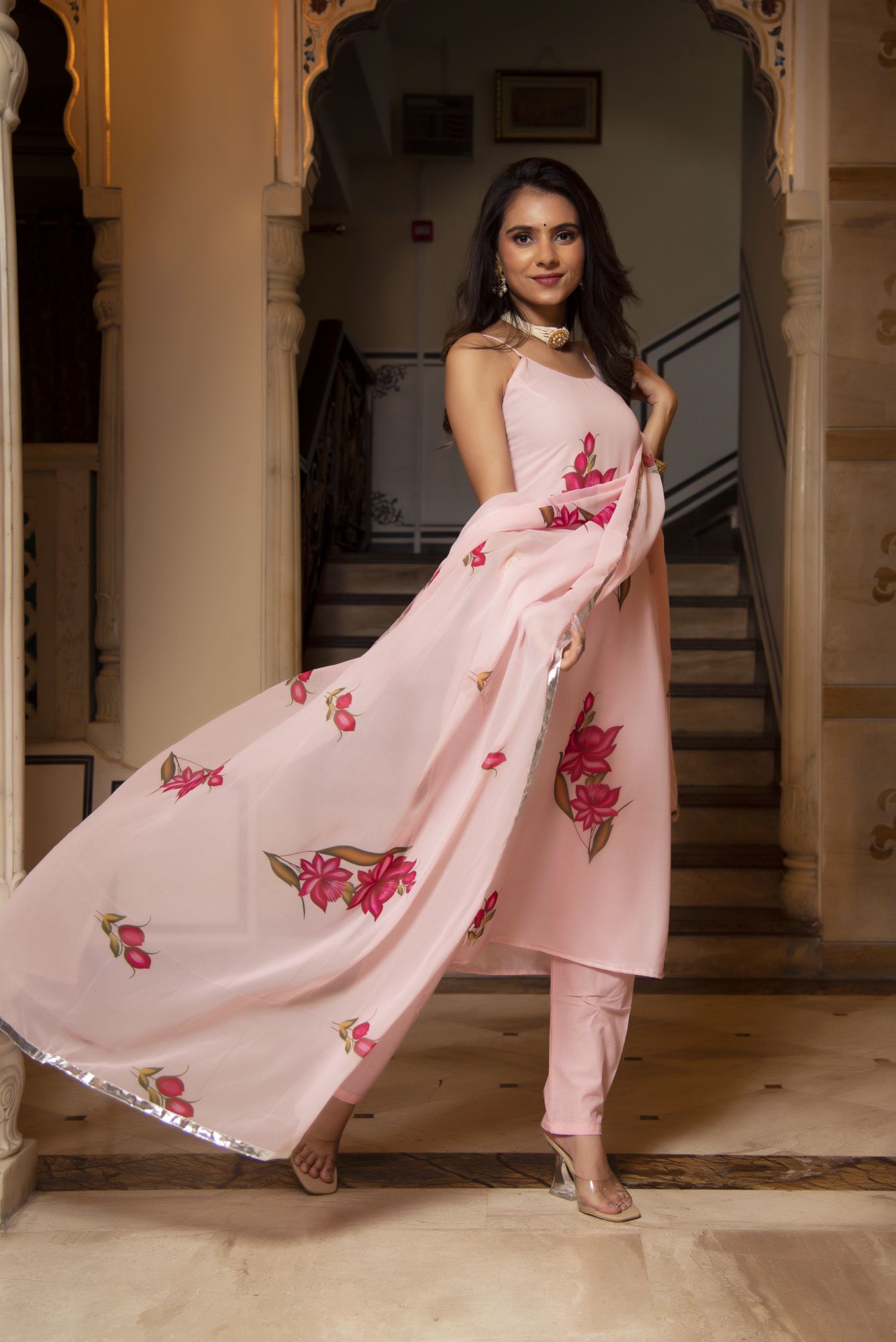 Lotus Pink Georgette Straight Suit Set