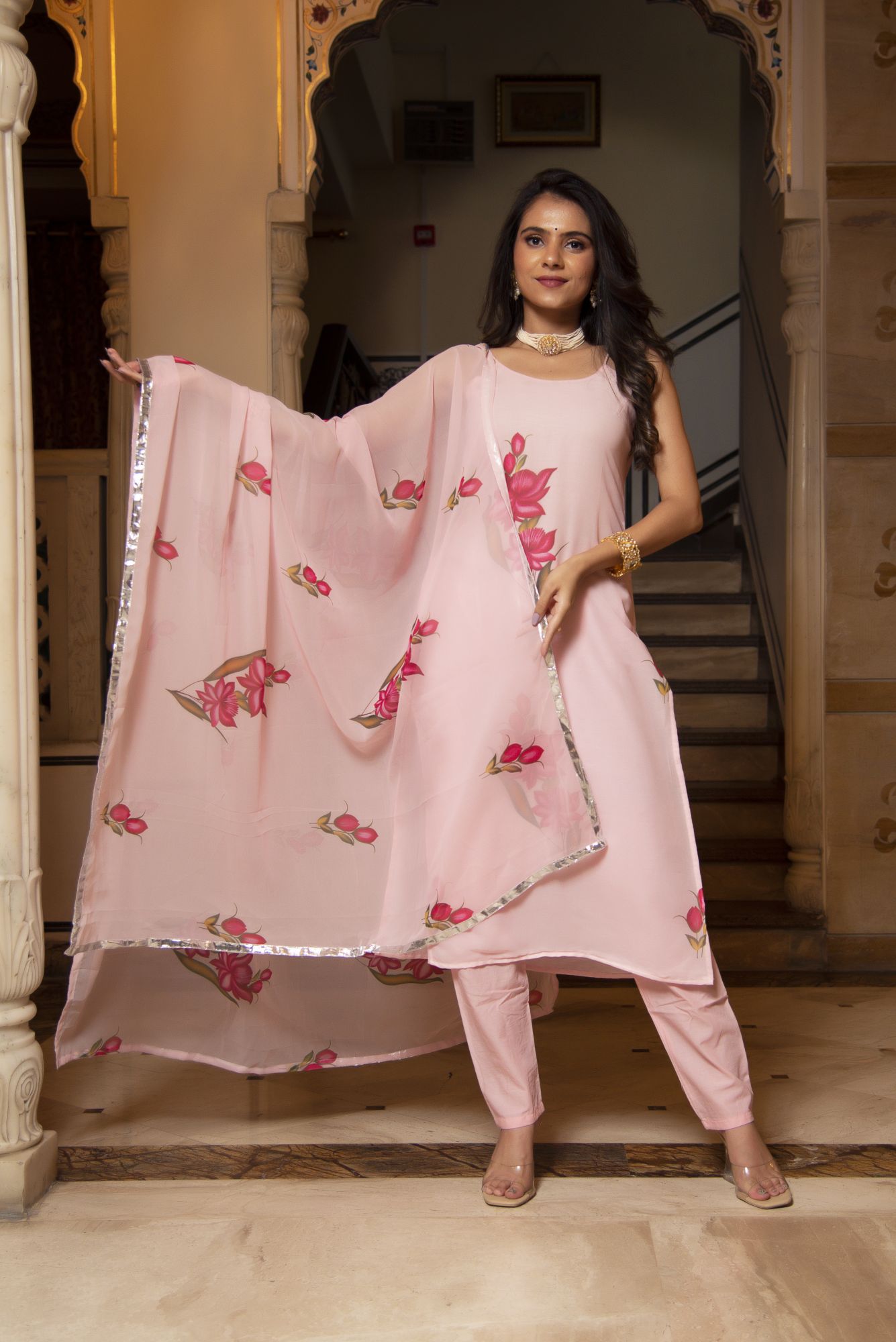 Lotus Pink Georgette Straight Suit Set