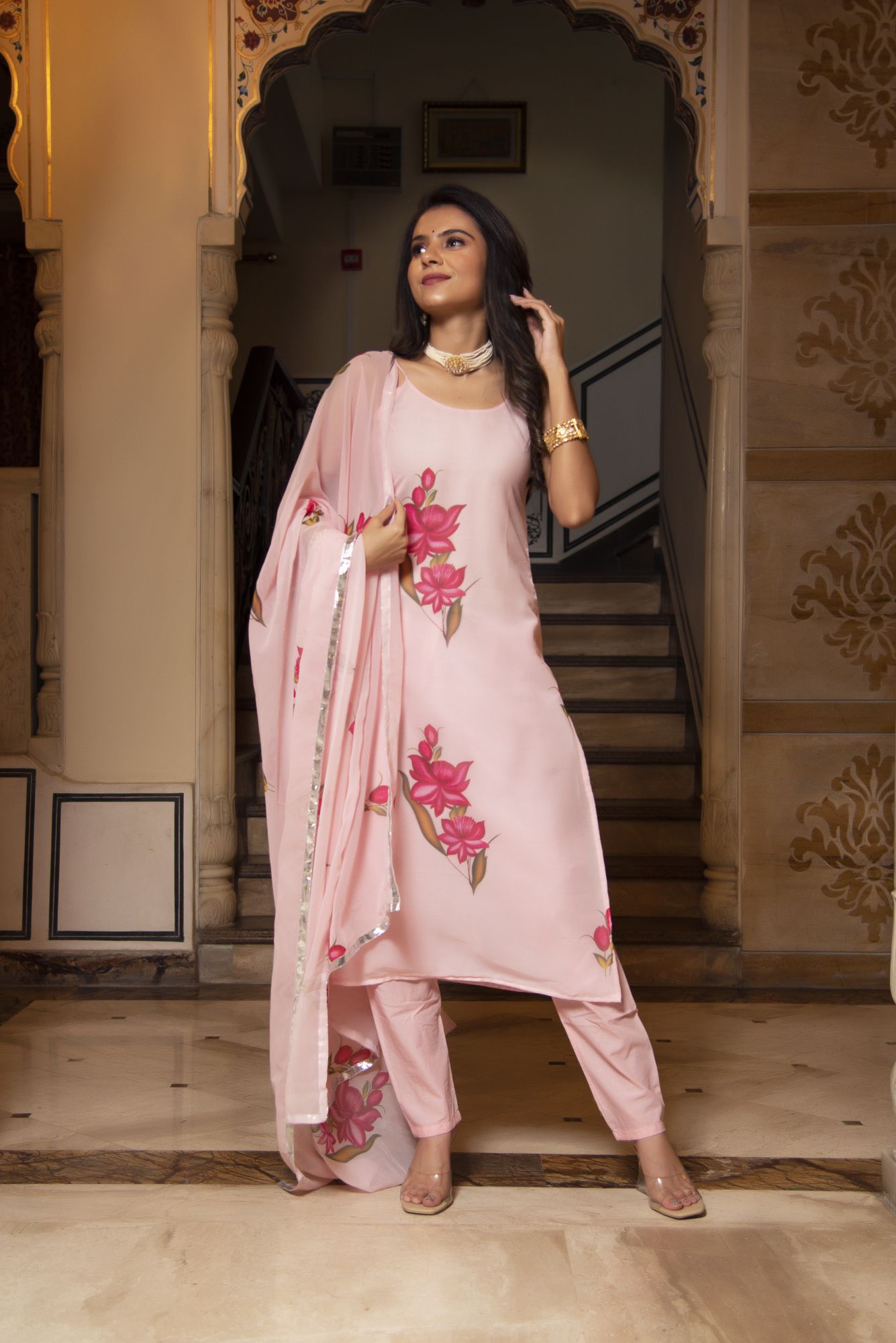Lotus Pink Georgette Straight Suit Set