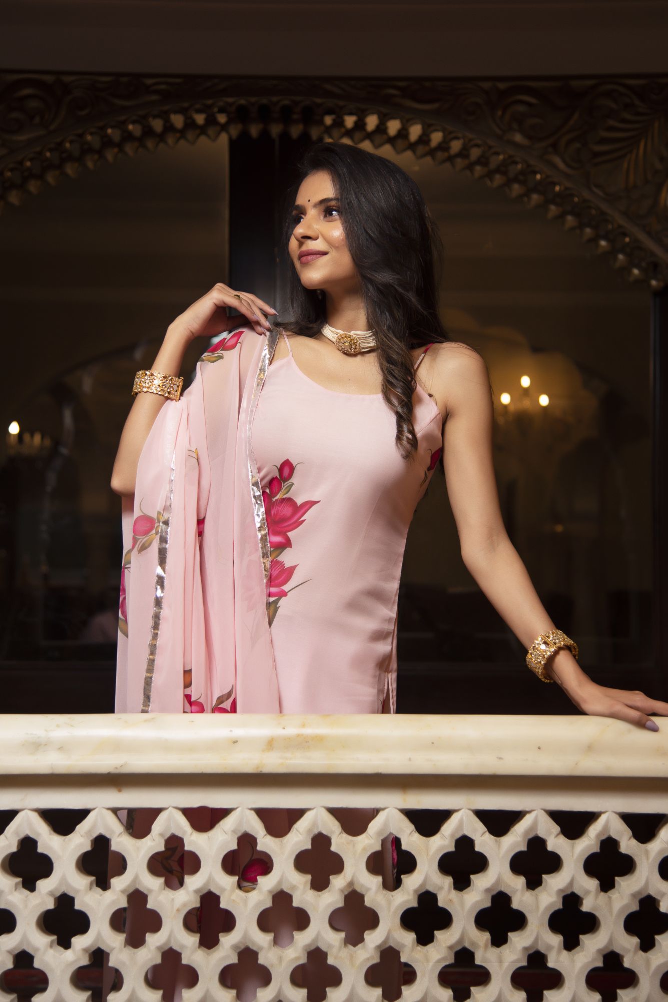 Lotus Pink Georgette Straight Suit Set