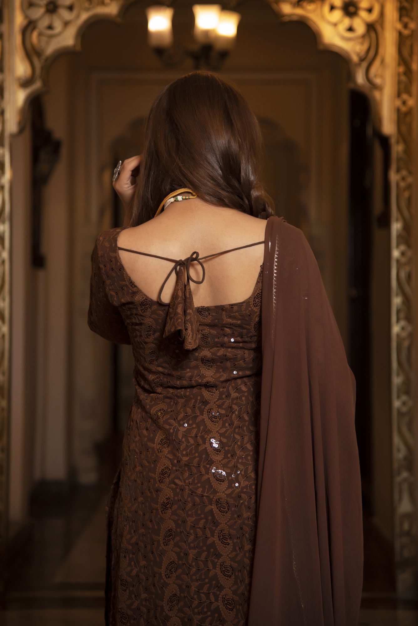 Brown Berry Chikankari Kurta Set With Georgette Dupatta