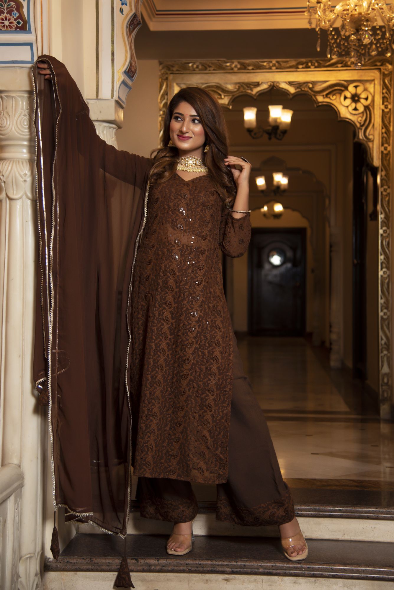 Brown Berry Chikankari Kurta Set With Georgette Dupatta
