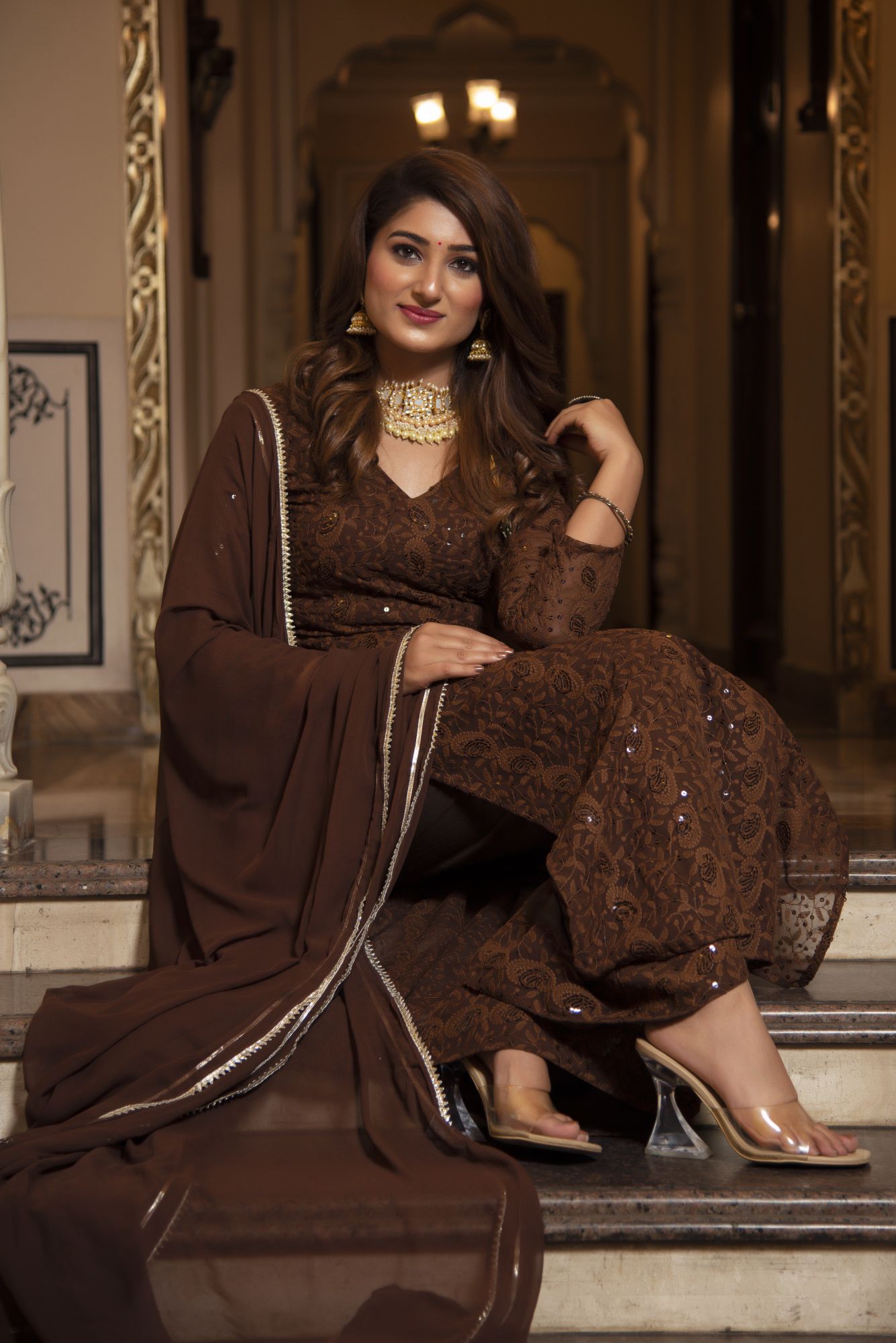 Brown Berry Chikankari Kurta Set With Georgette Dupatta
