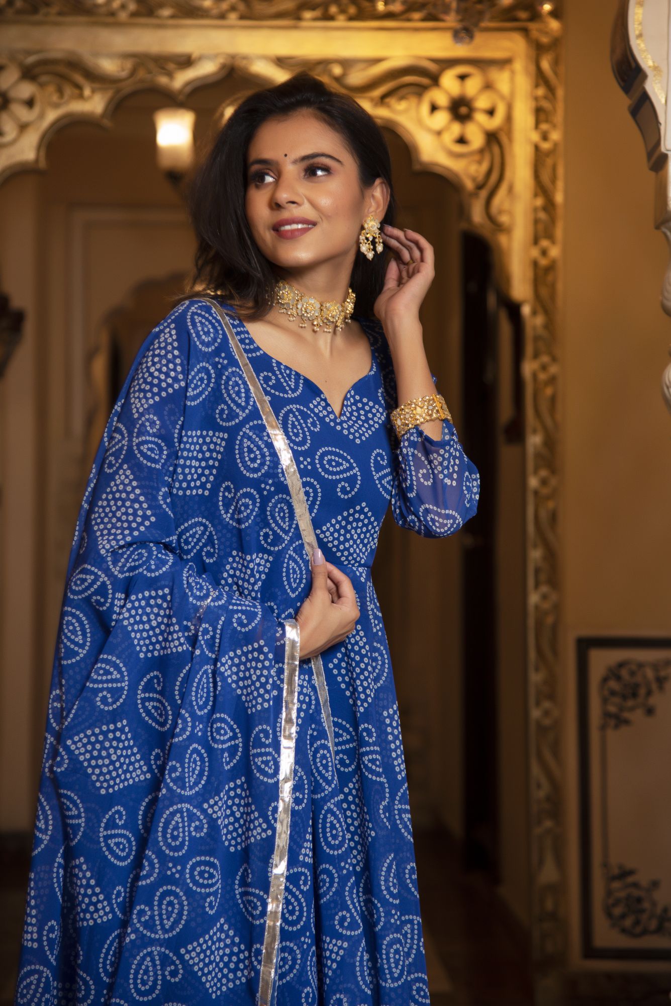 Berry Blue Bhandhej Anarkali Suit Set