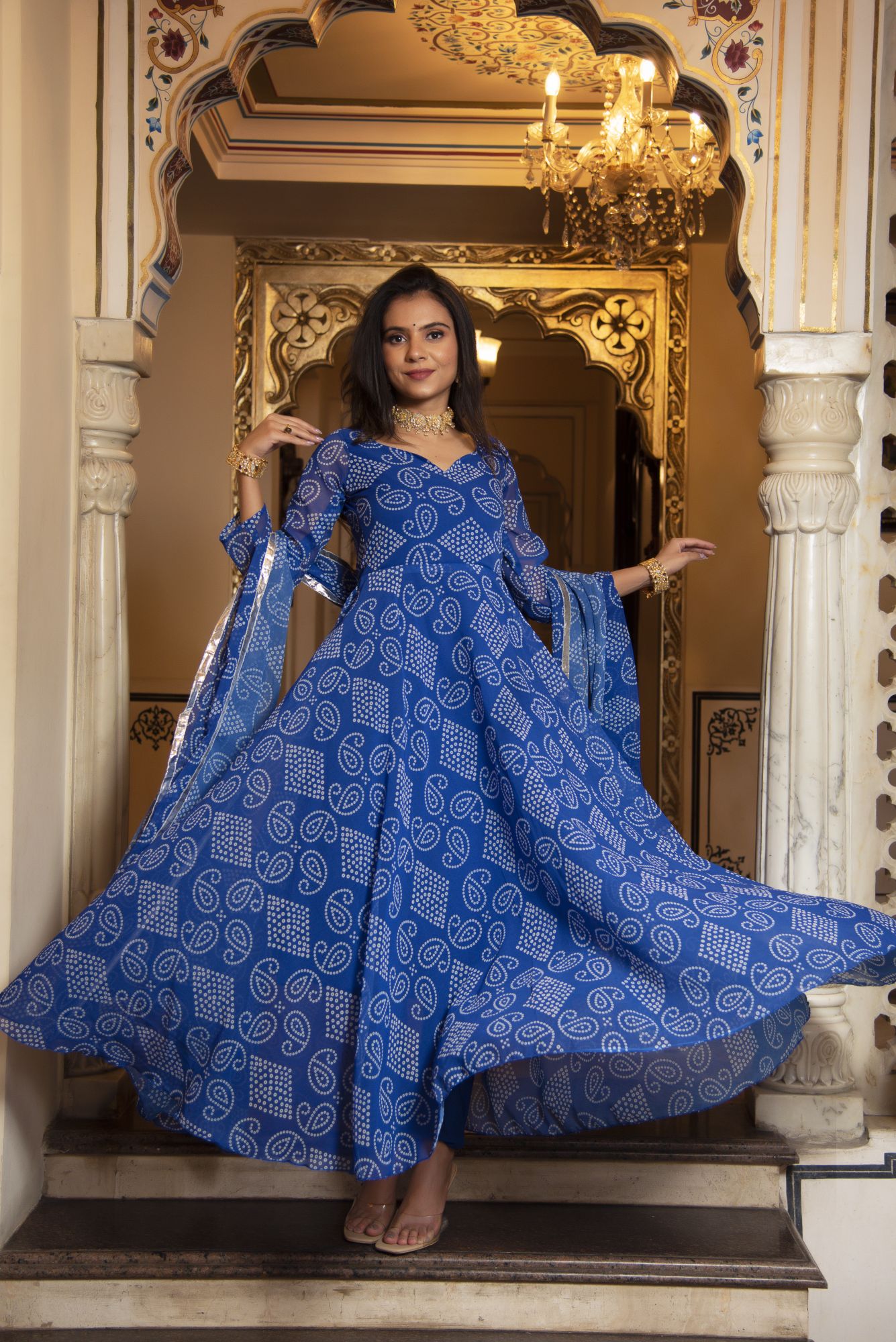 Berry Blue Bhandhej Anarkali Suit Set