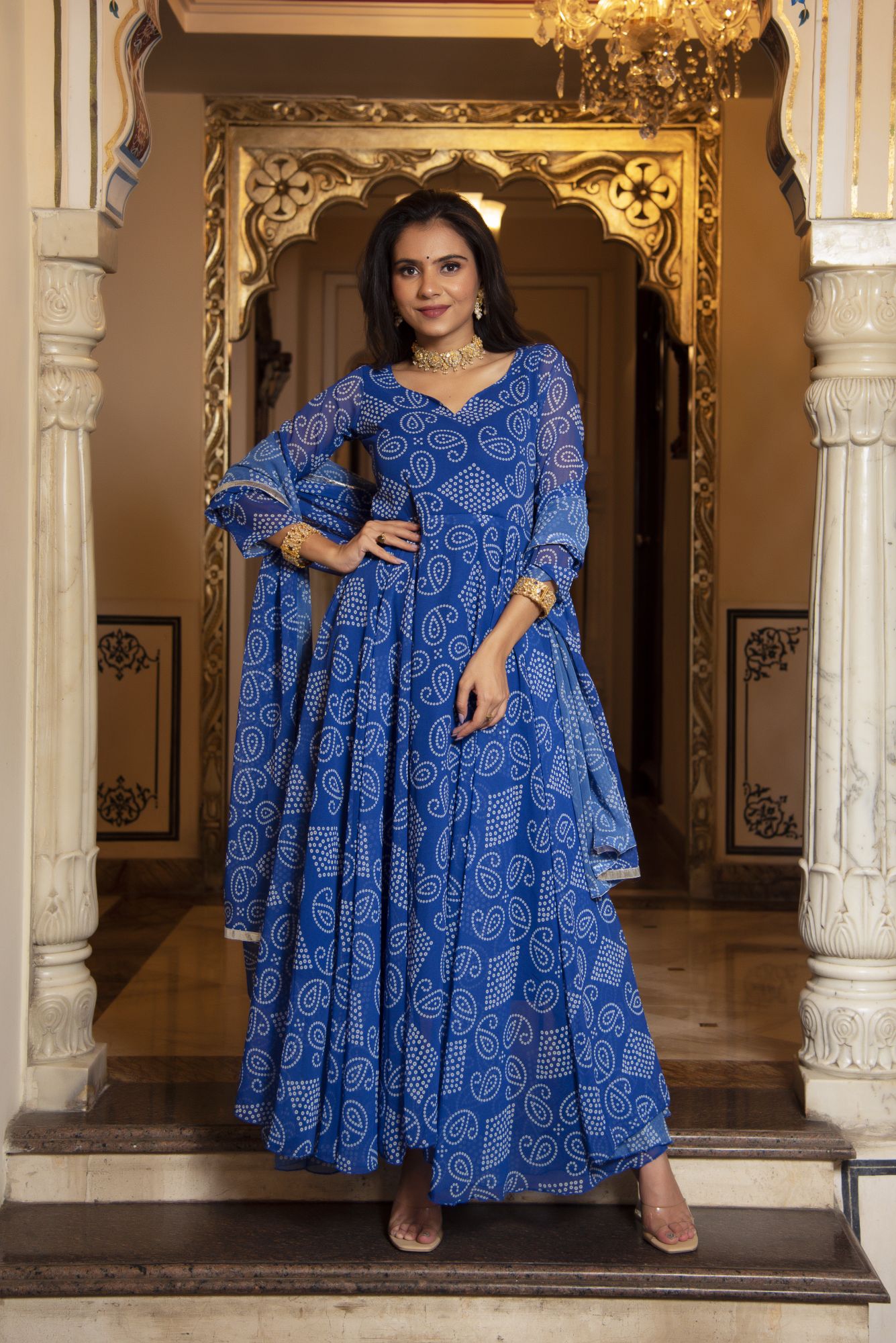 Berry Blue Bhandhej Anarkali Suit Set