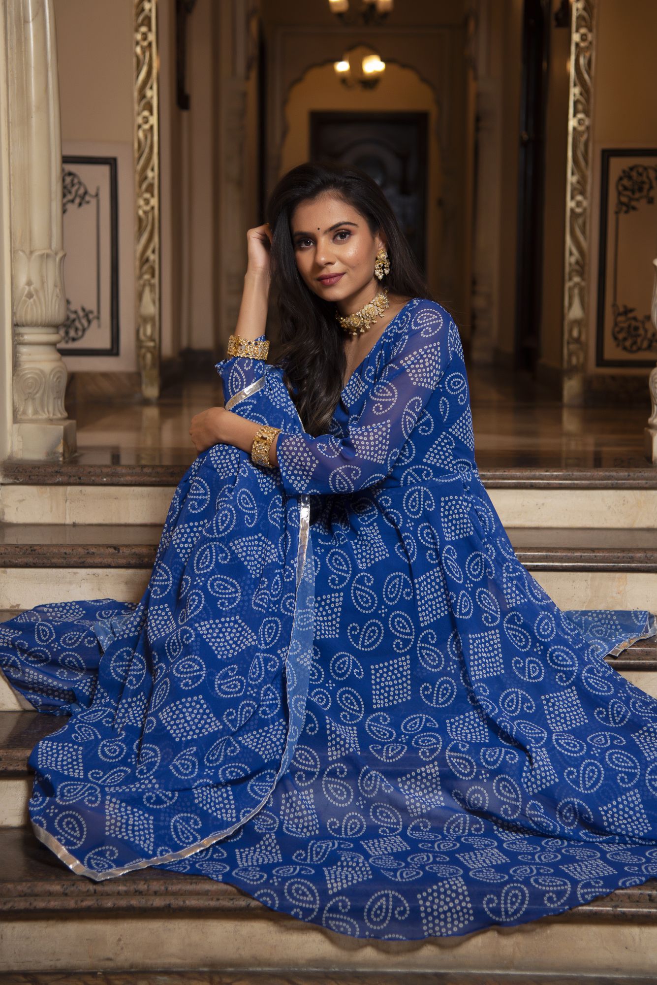 Berry Blue Bhandhej Anarkali Suit Set