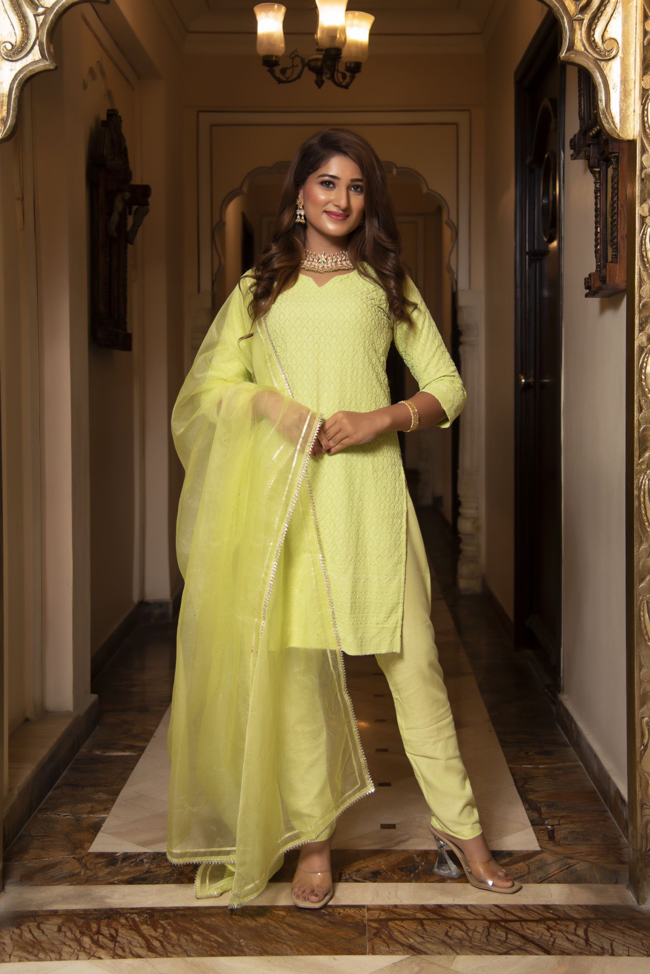 Pop Mint Chikankari Kurta Set with Organza Dupatta