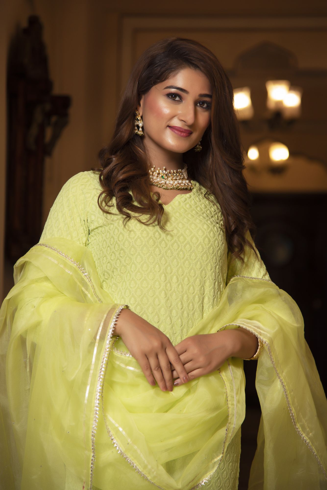 Pop Mint Chikankari Kurta Set with Organza Dupatta