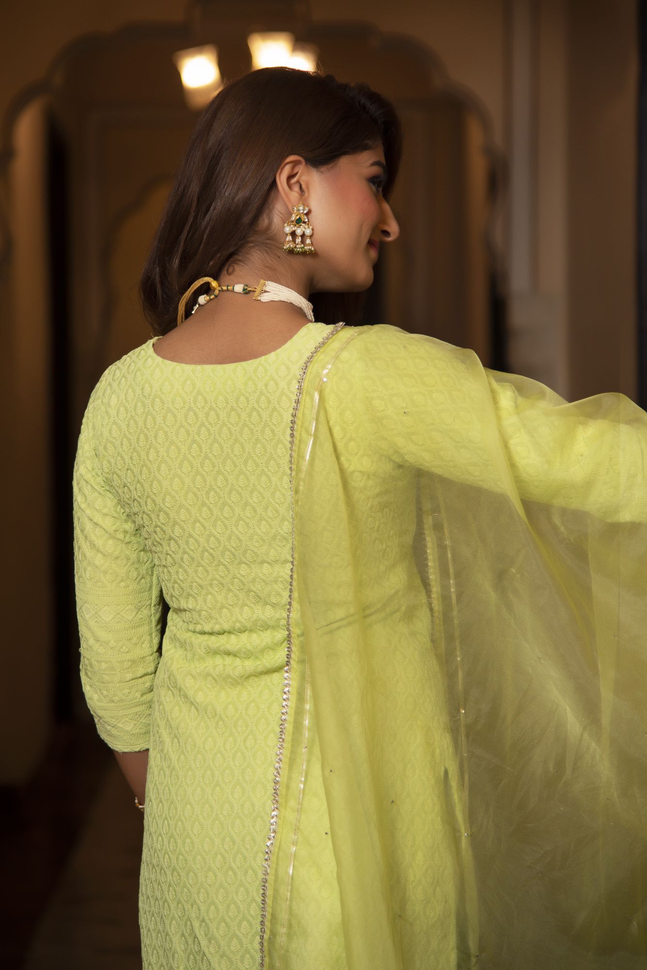 Pop Mint Chikankari Kurta Set with Organza Dupatta