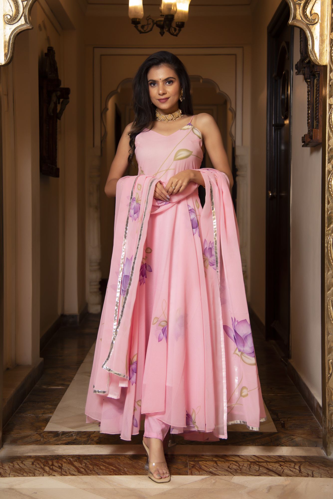 Pink And Purple Floral Anarkali Suit Set