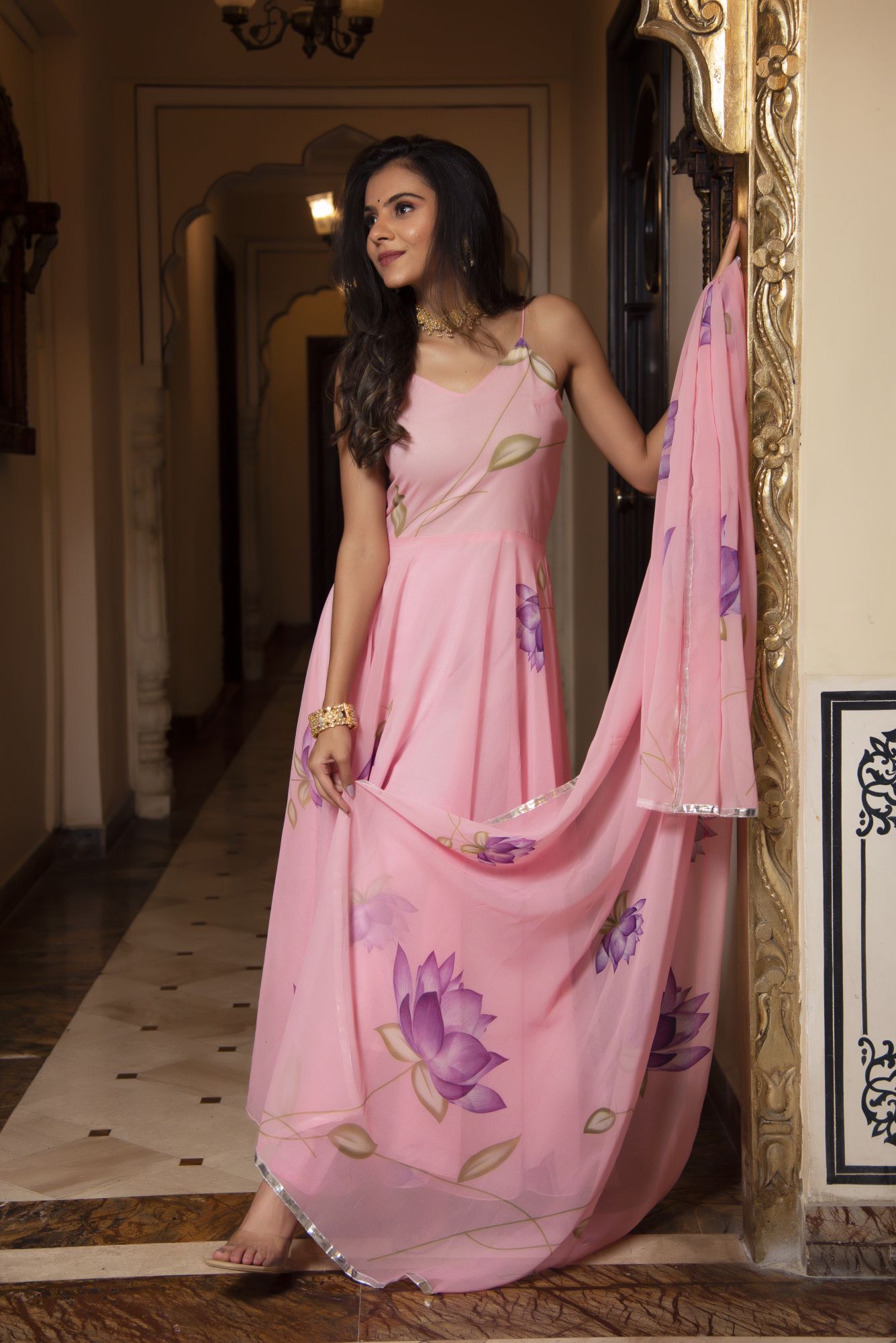 Pink And Purple Floral Anarkali Suit Set