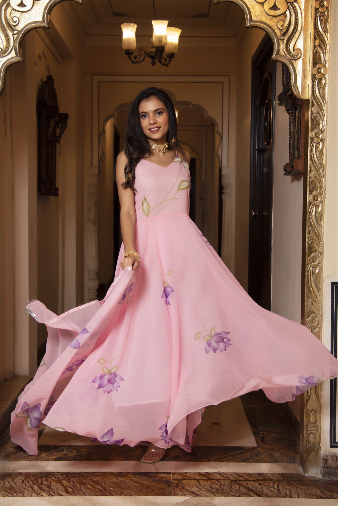 Pink And Purple Floral Anarkali Suit Set